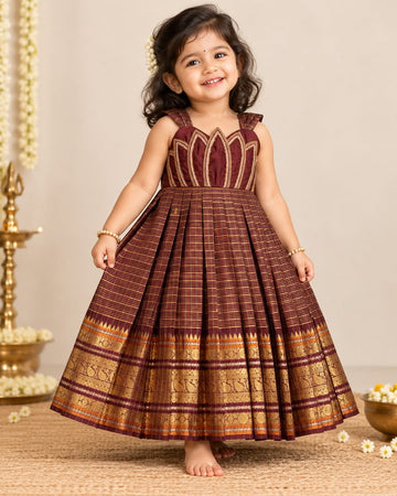 SENTHAMARAI - A rich deep brown frock beautifully adorned with intricate lotus Aariwork