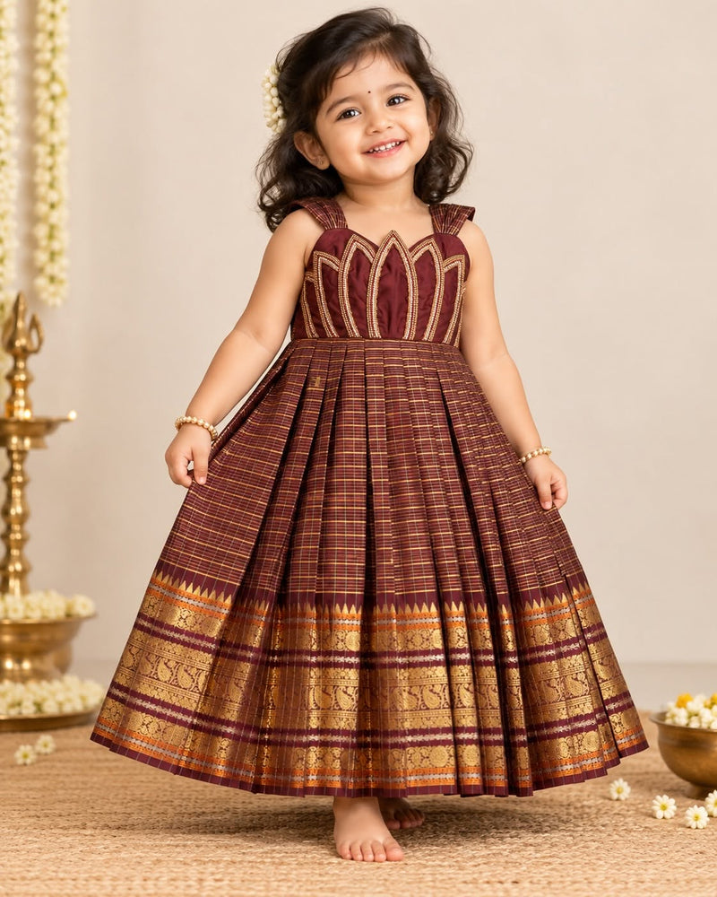 SENTHAMARAI - A rich deep brown frock beautifully adorned with intricate lotus Aariwork