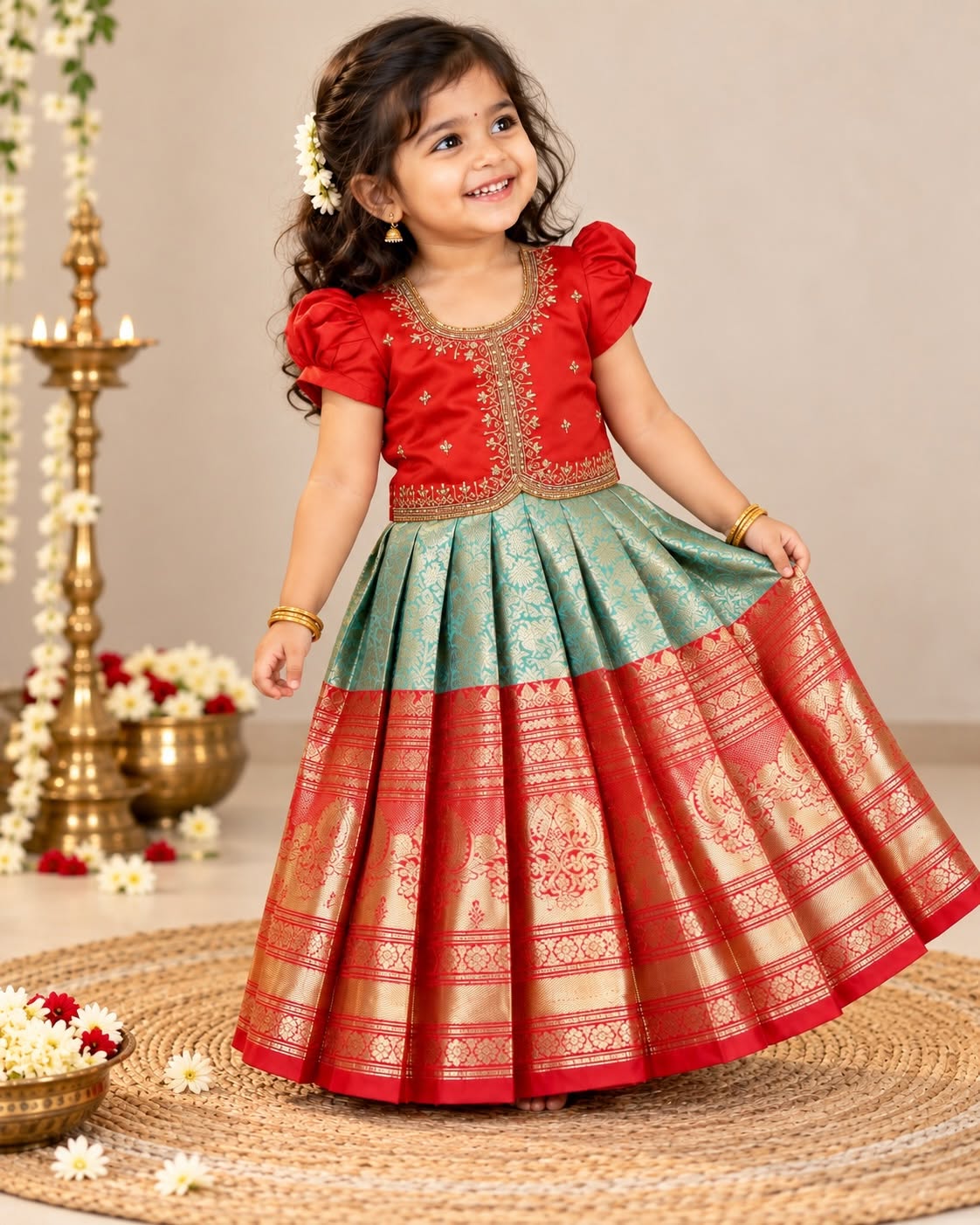 ISAI - Festive Red Aariwork Blouse and Pastel Green Skirt with Broad Kanchivaram pattu border