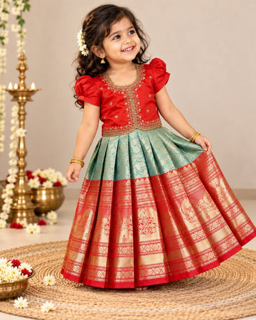 ISAI - Festive Red Aariwork Blouse and Pastel Green Skirt with Broad Kanchivaram pattu border