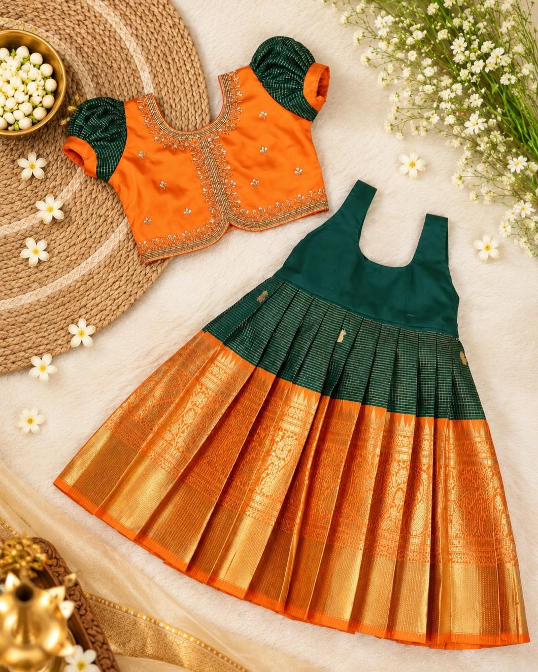 BAIRAV - Vibrant orange Aariwork blouse paired with a deep green pleated skirt