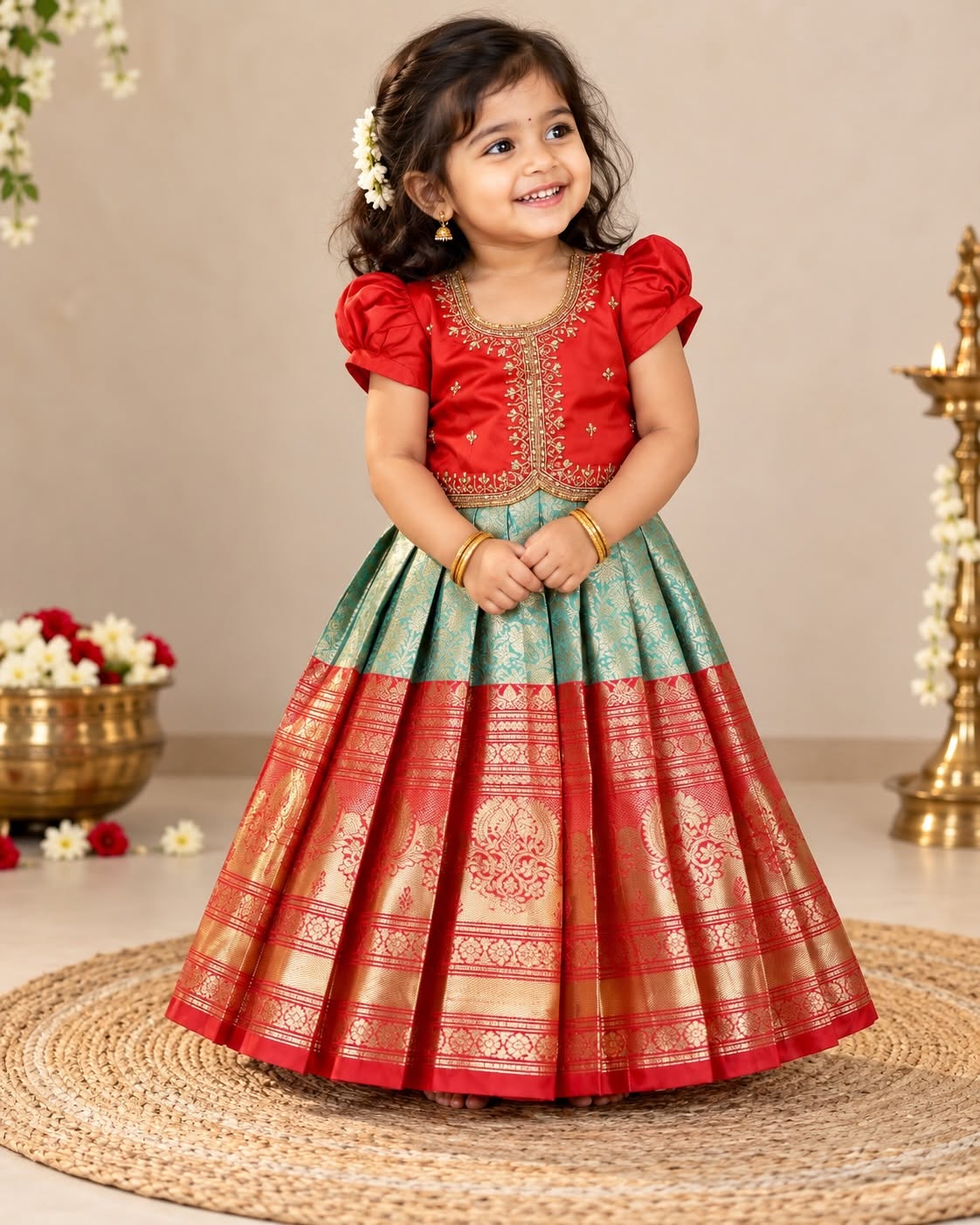 ISAI - Festive Red Aariwork Blouse and Pastel Green Skirt with Broad Kanchivaram pattu border