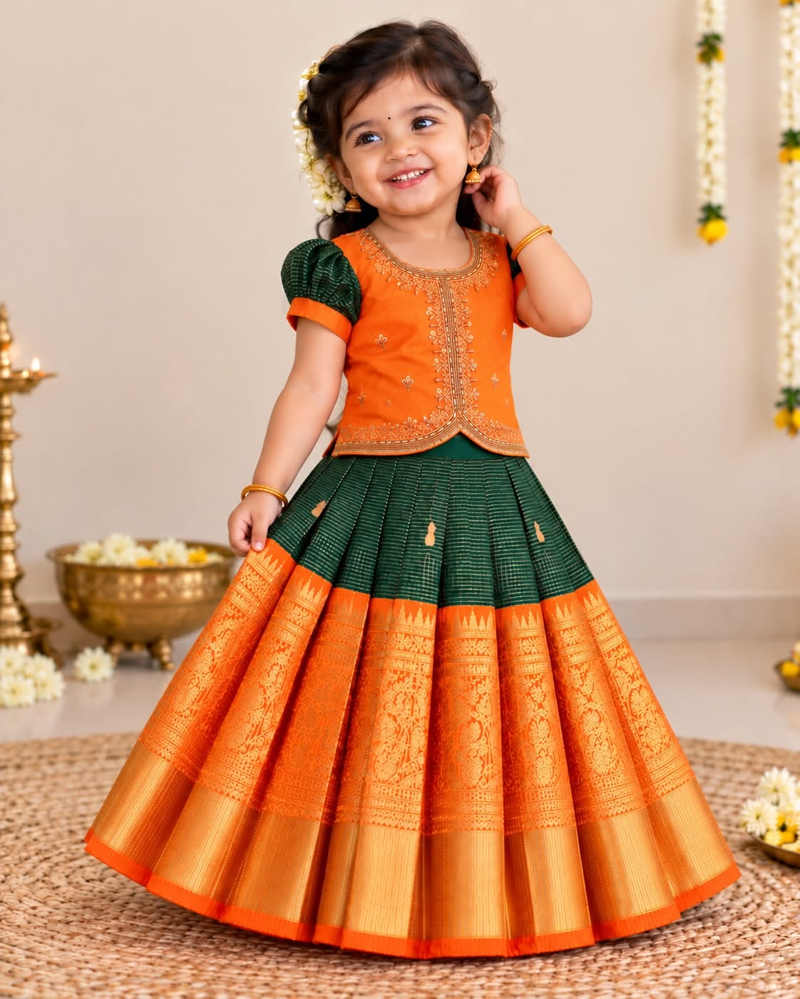 BAIRAV - Vibrant orange Aariwork blouse paired with a deep green pleated skirt