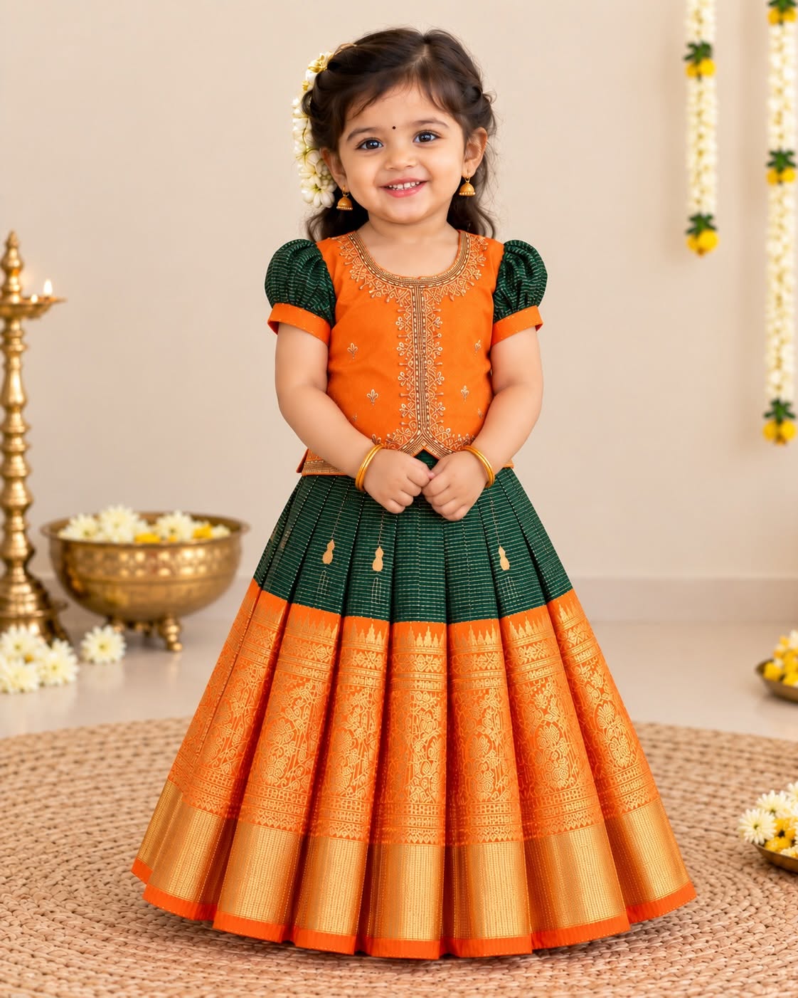 BAIRAV - Vibrant orange Aariwork blouse paired with a deep green pleated skirt