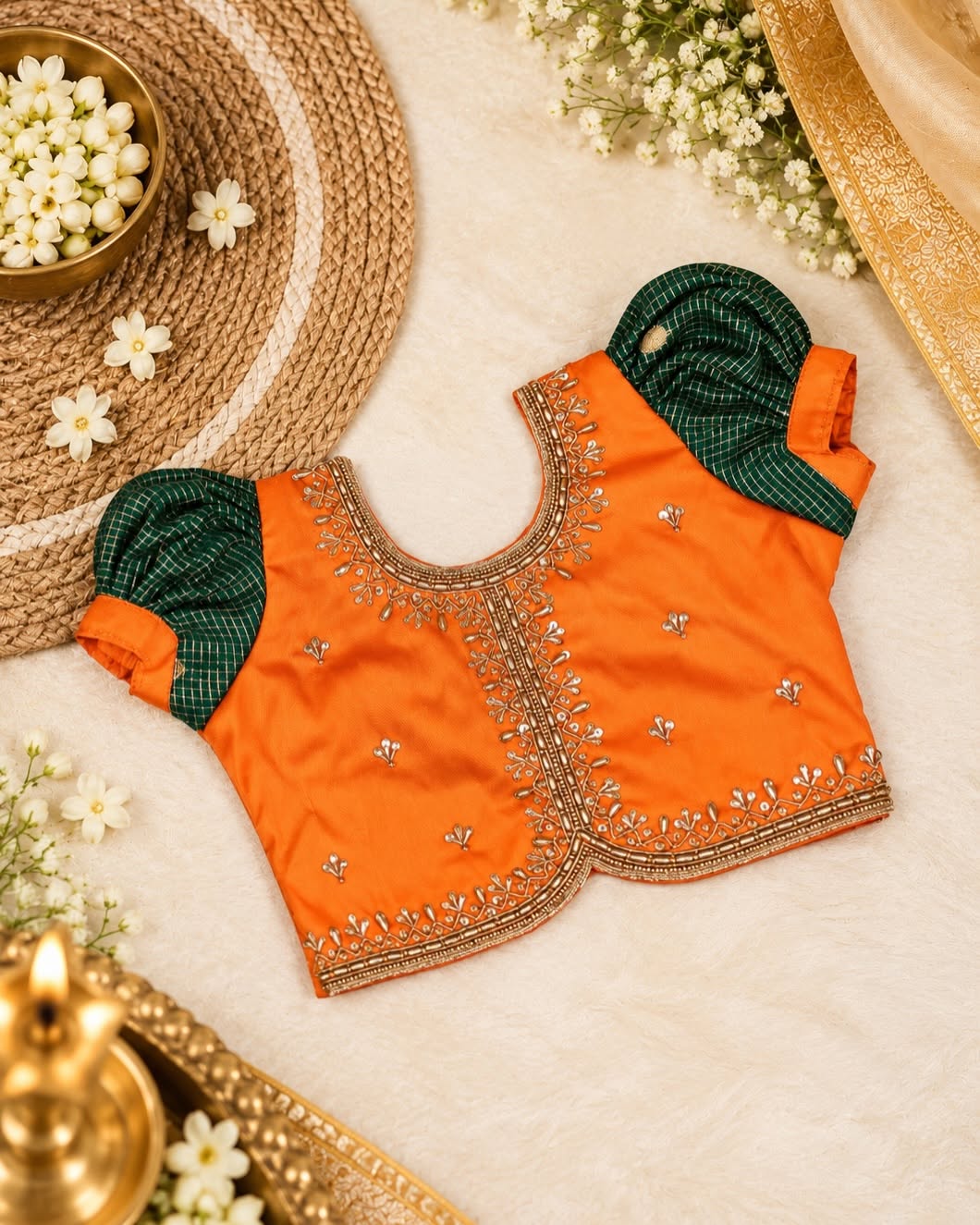 BAIRAV - Vibrant orange Aariwork blouse paired with a deep green pleated skirt