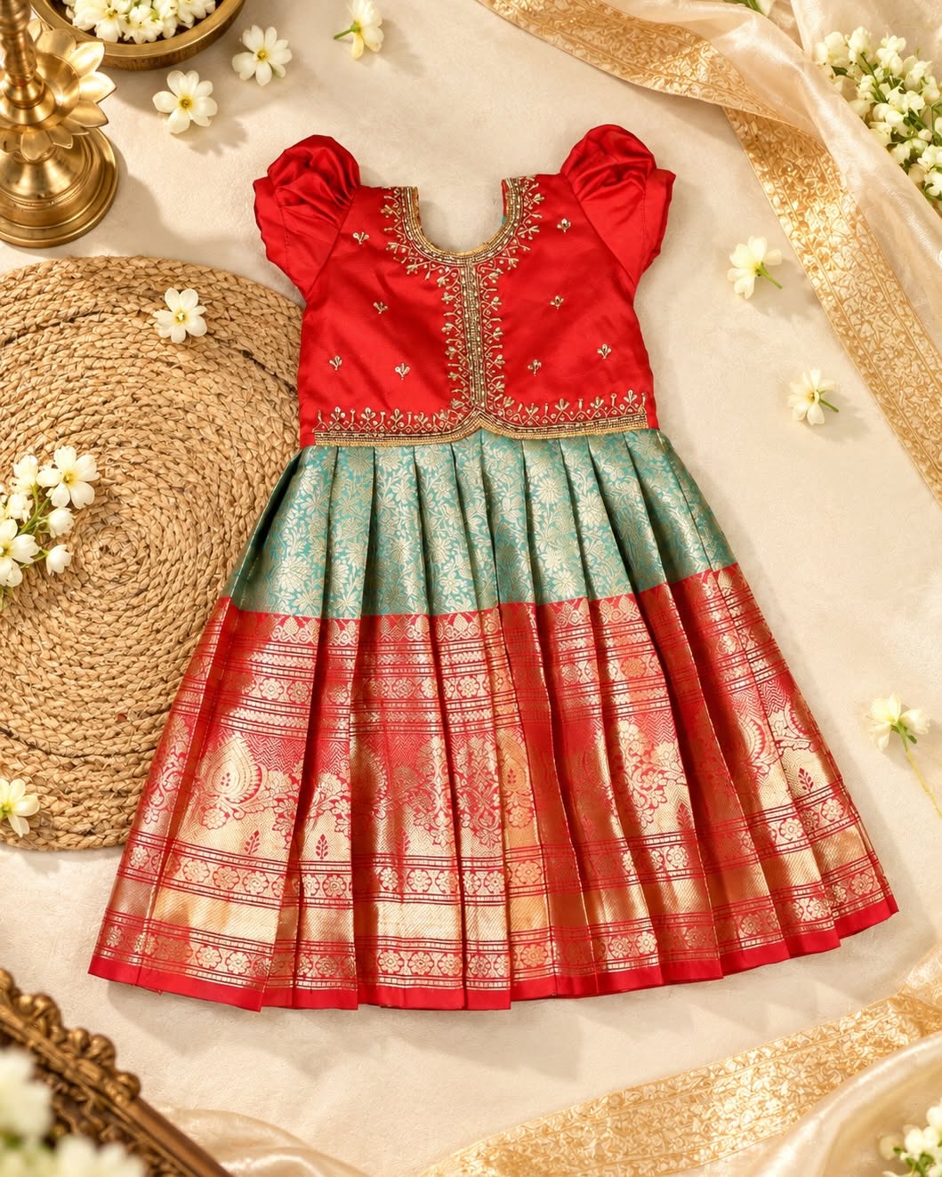ISAI - Festive Red Aariwork Blouse and Pastel Green Skirt with Broad Kanchivaram pattu border