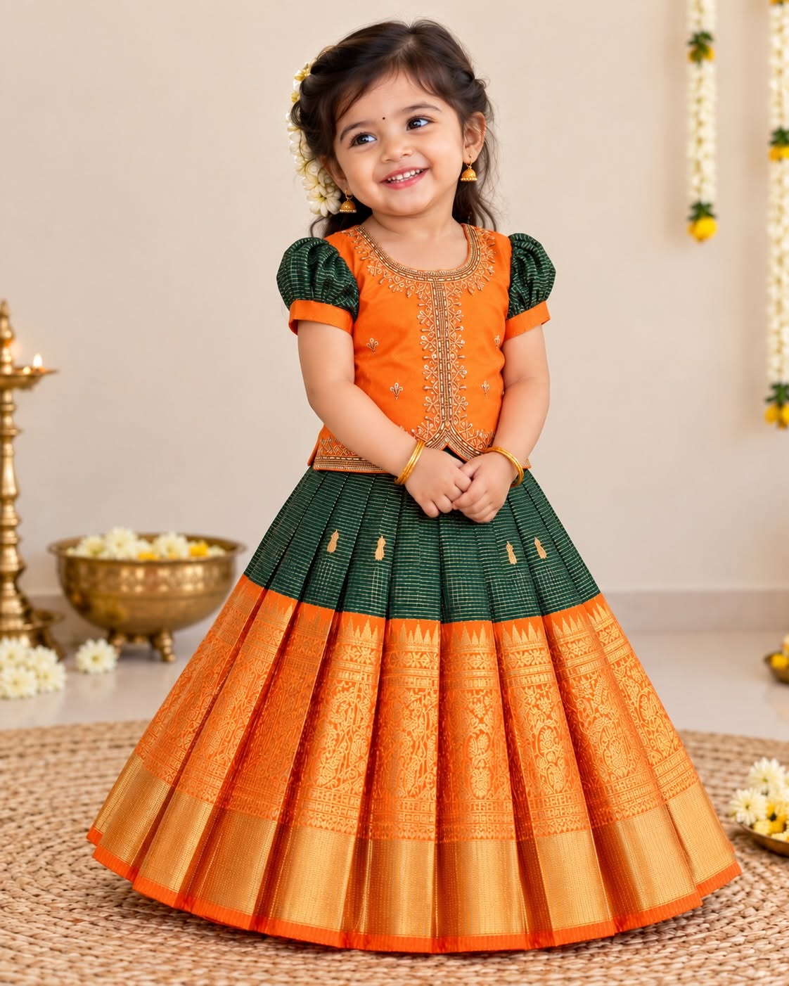 BAIRAV - Vibrant orange Aariwork blouse paired with a deep green pleated skirt