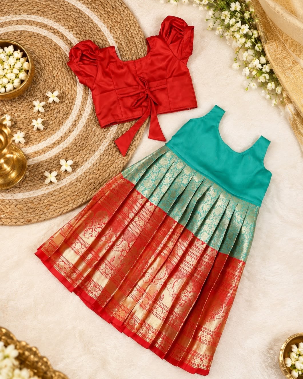 ISAI - Festive Red Aariwork Blouse and Pastel Green Skirt with Broad Kanchivaram pattu border