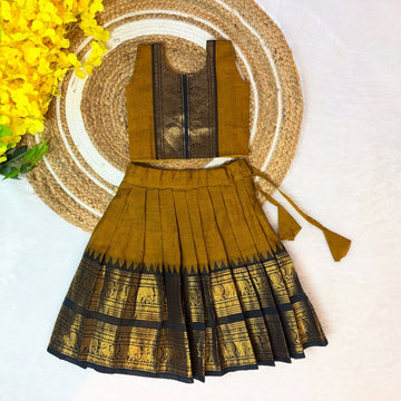 Mustard Yellow and Black Combo Authentic Kanchi cotton Paavadai Sattai with traditional zari border