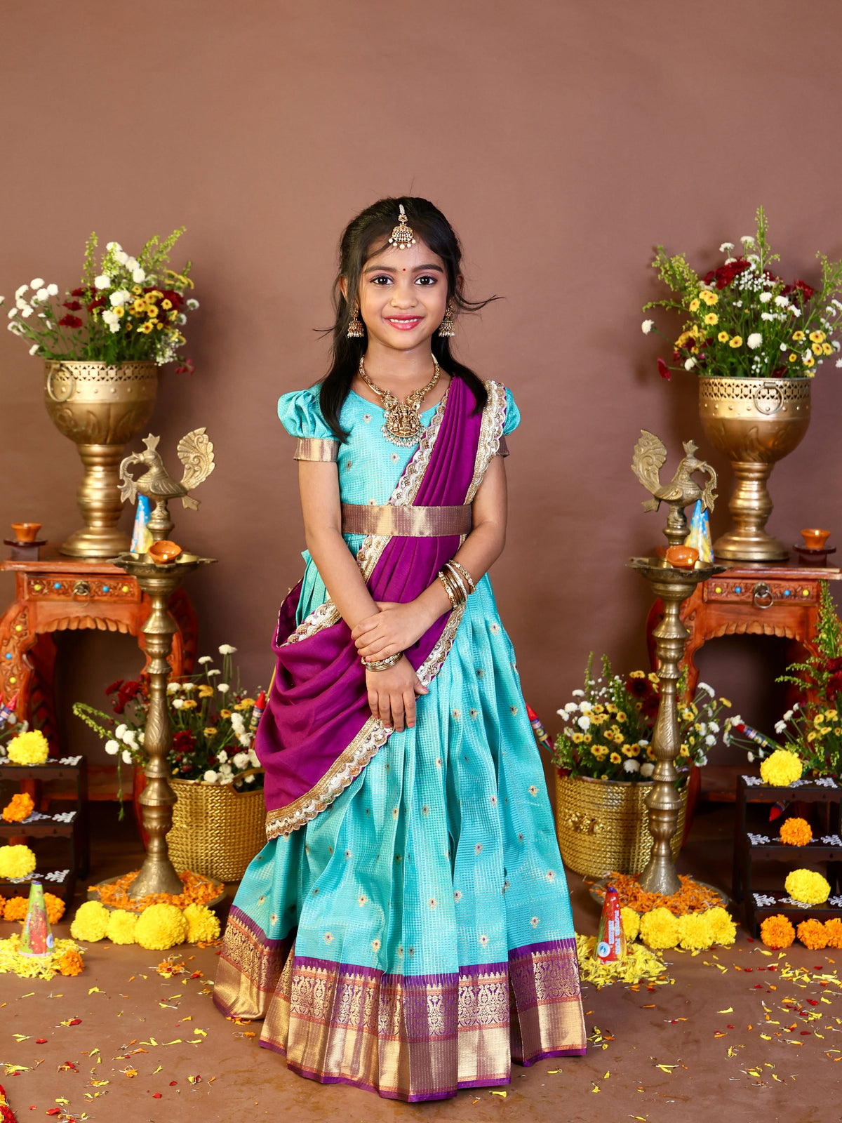 POONGOTHAI - Aqua Blue and Magenta South Indian traditional-inspired half-saree style