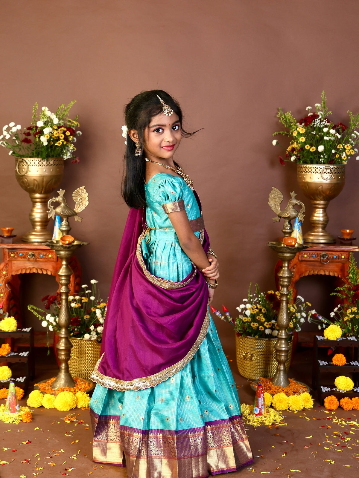 POONGOTHAI - Aqua Blue and Magenta South Indian traditional-inspired half-saree style