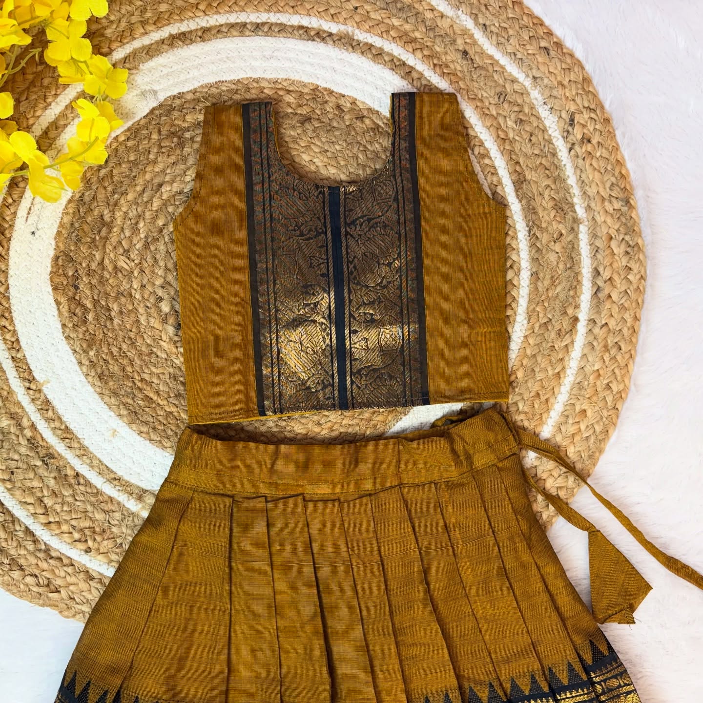 Mustard Yellow and Black Combo Authentic Kanchi cotton Paavadai Sattai with traditional zari border