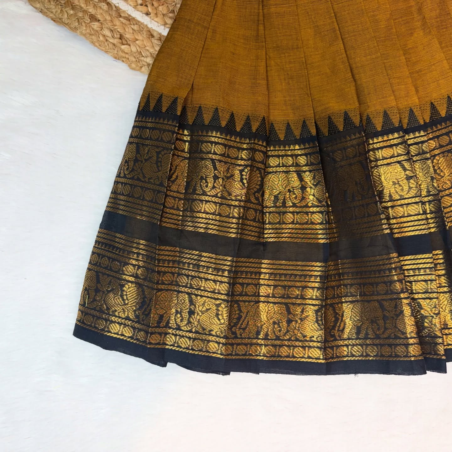 Mustard Yellow and Black Combo Authentic Kanchi cotton Paavadai Sattai with traditional zari border