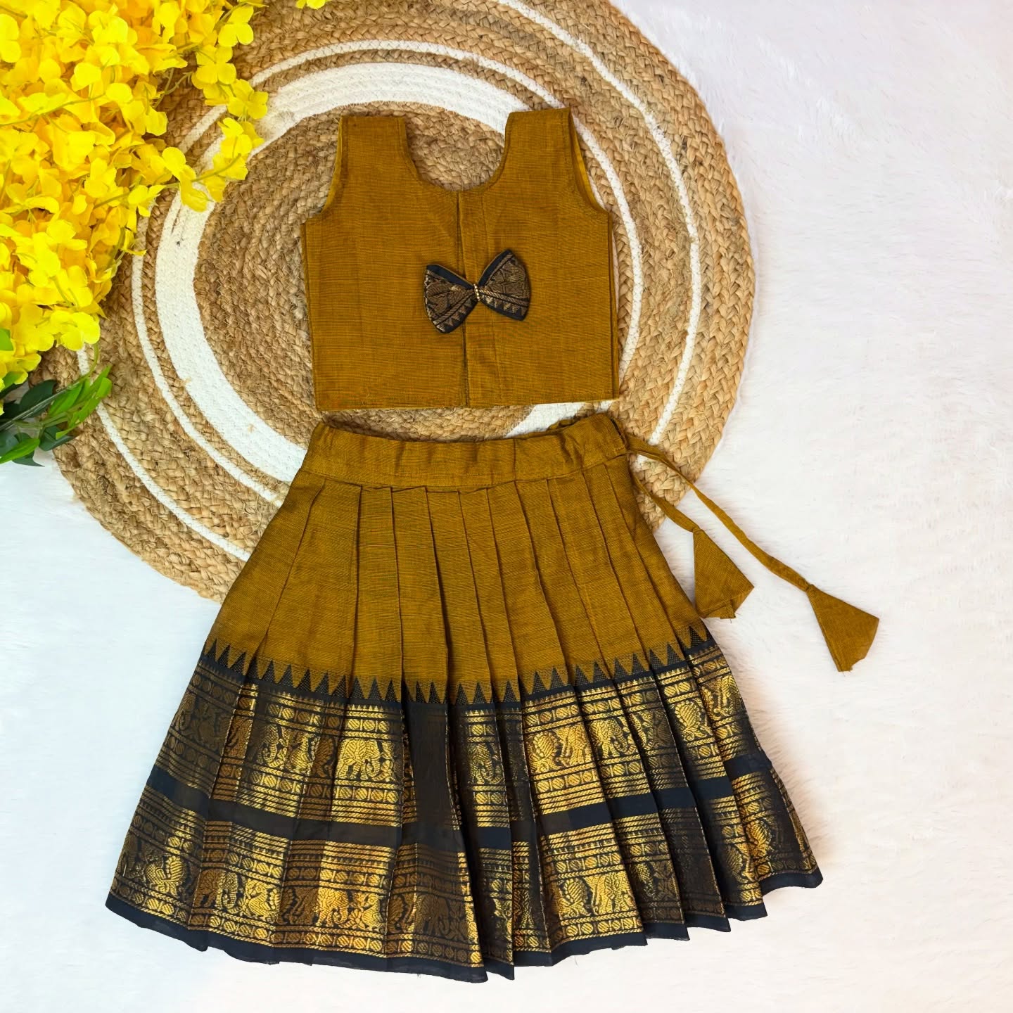Mustard Yellow and Black Combo Authentic Kanchi cotton Paavadai Sattai with traditional zari border