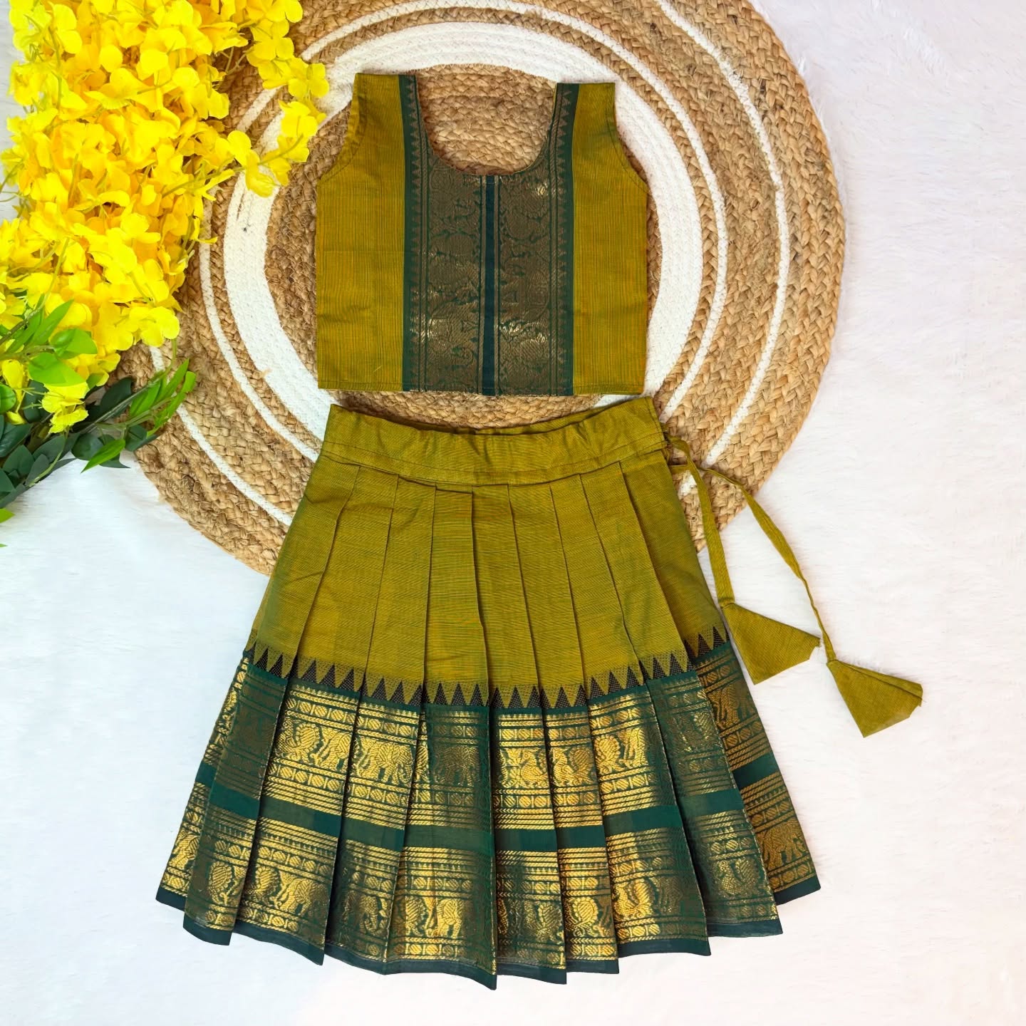 Olive Green and Dark Green Combo Authentic Kanchi cotton Paavadai Sattai with traditional zari border