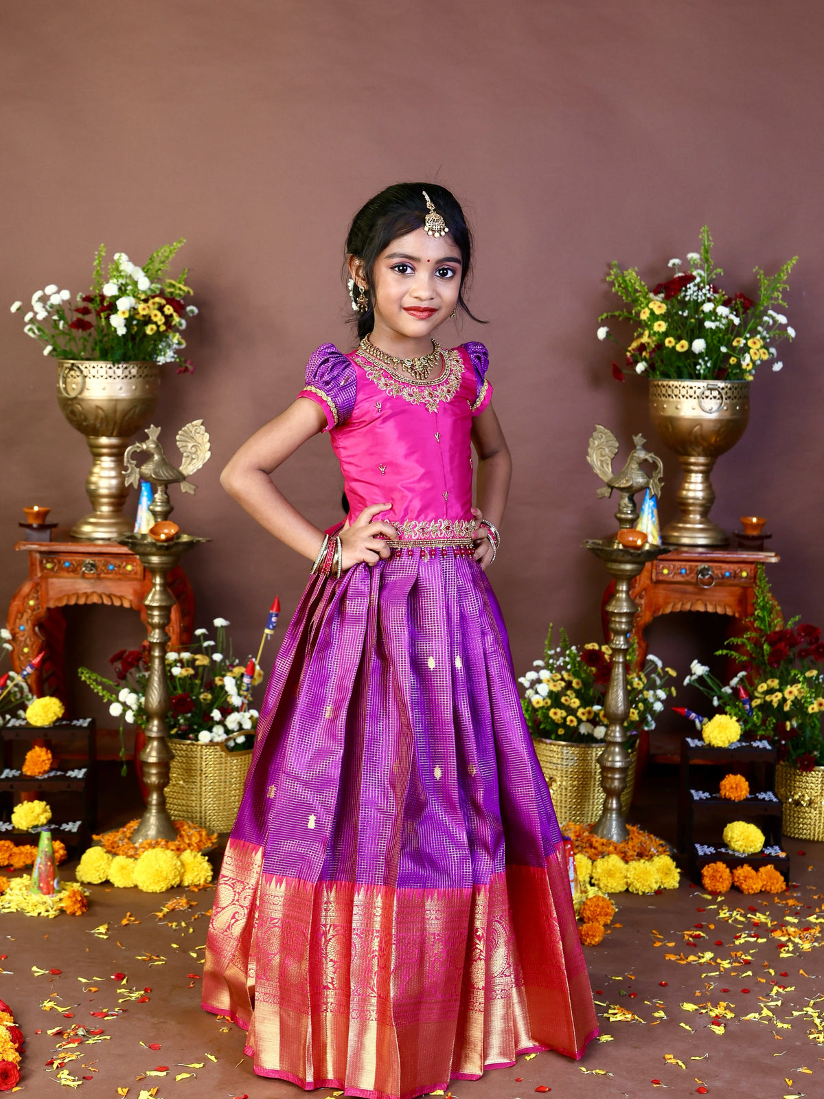 NARMADA - Rich Purple Checked Zari Weaving Semi Kanchipattu Skirt and Aariwork Pink Top