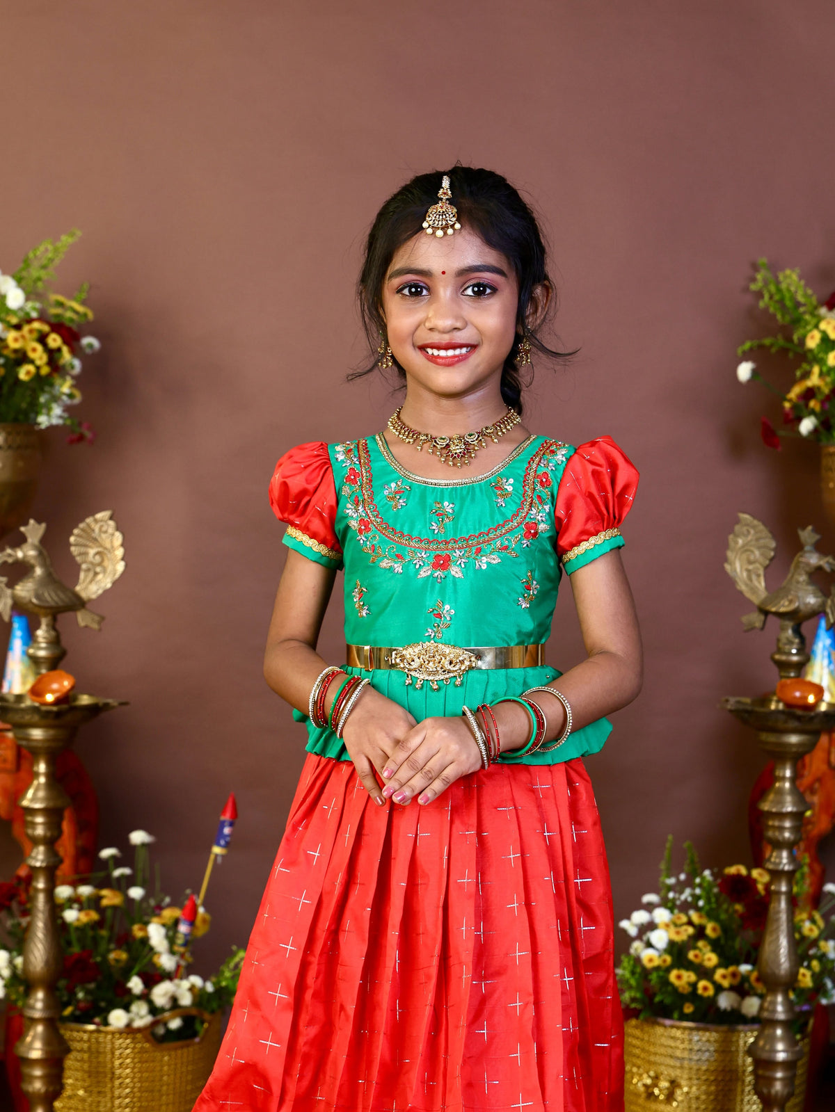 LAKSHANAM - Traditional Semi Kanchipattu South Indian style Paavadai and Sattai in Red and Green Combo