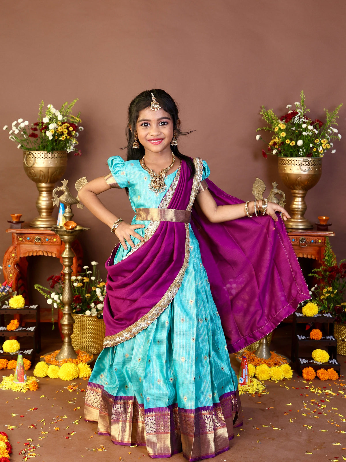 POONGOTHAI - Aqua Blue and Magenta South Indian traditional-inspired half-saree style