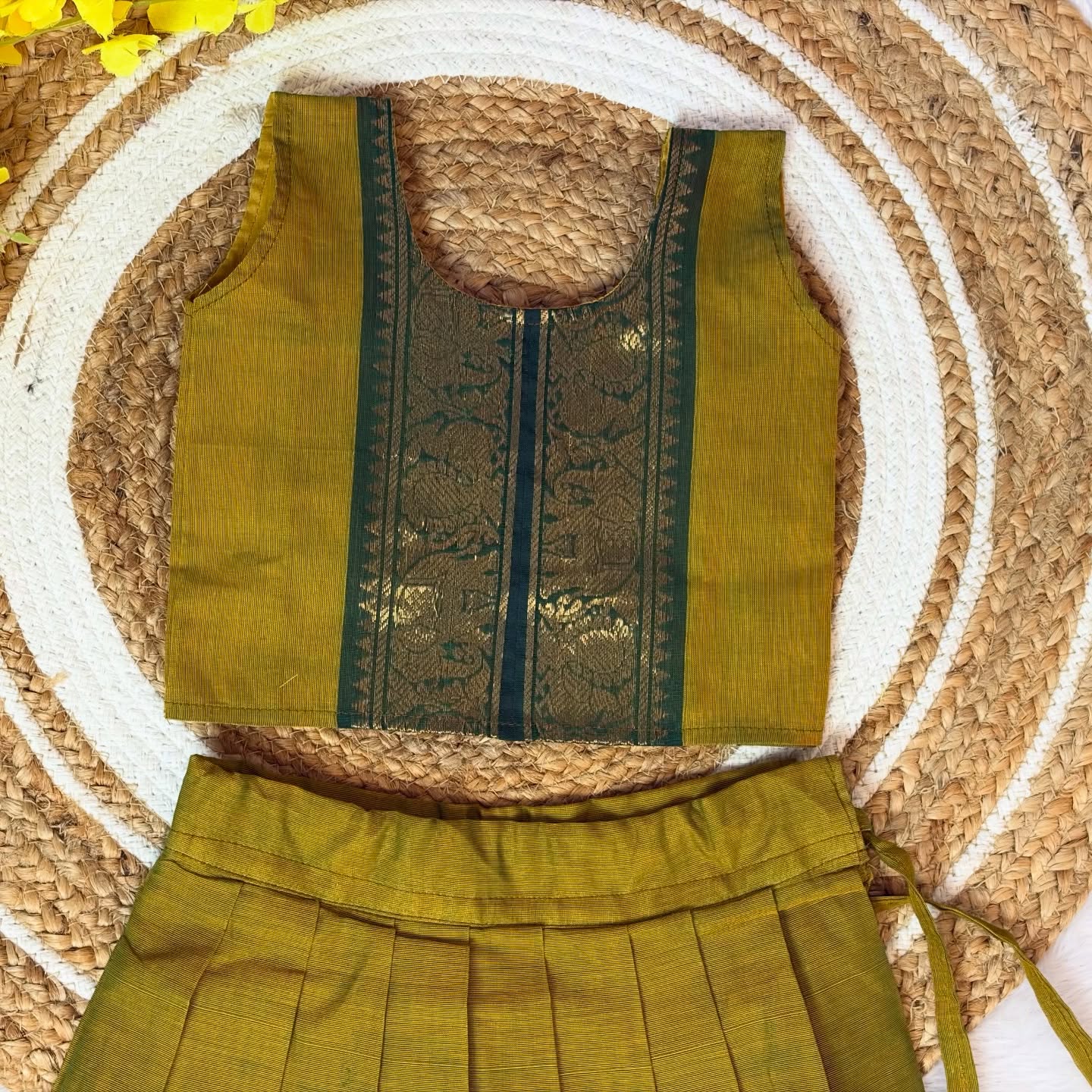 Olive Green and Dark Green Combo Authentic Kanchi cotton Paavadai Sattai with traditional zari border