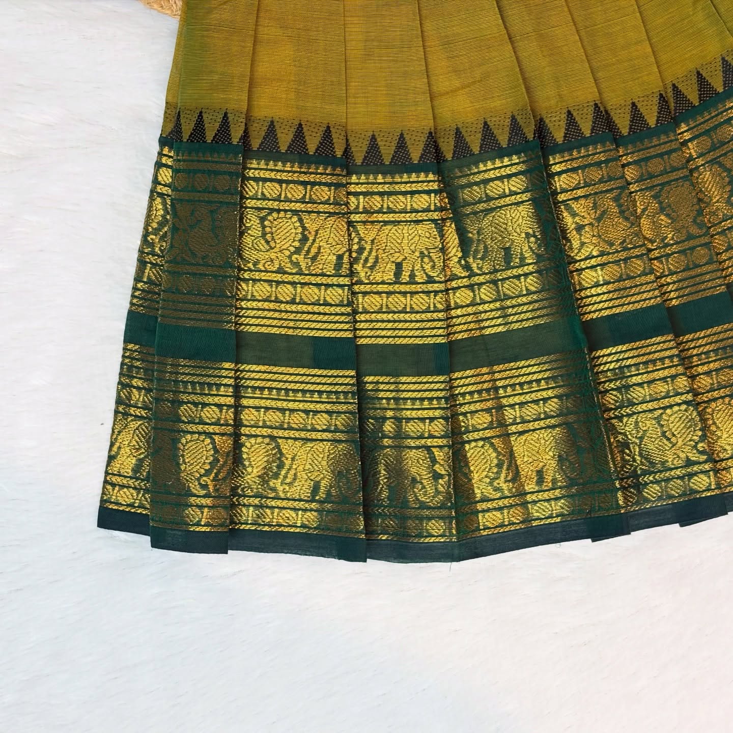 Olive Green and Dark Green Combo Authentic Kanchi cotton Paavadai Sattai with traditional zari border