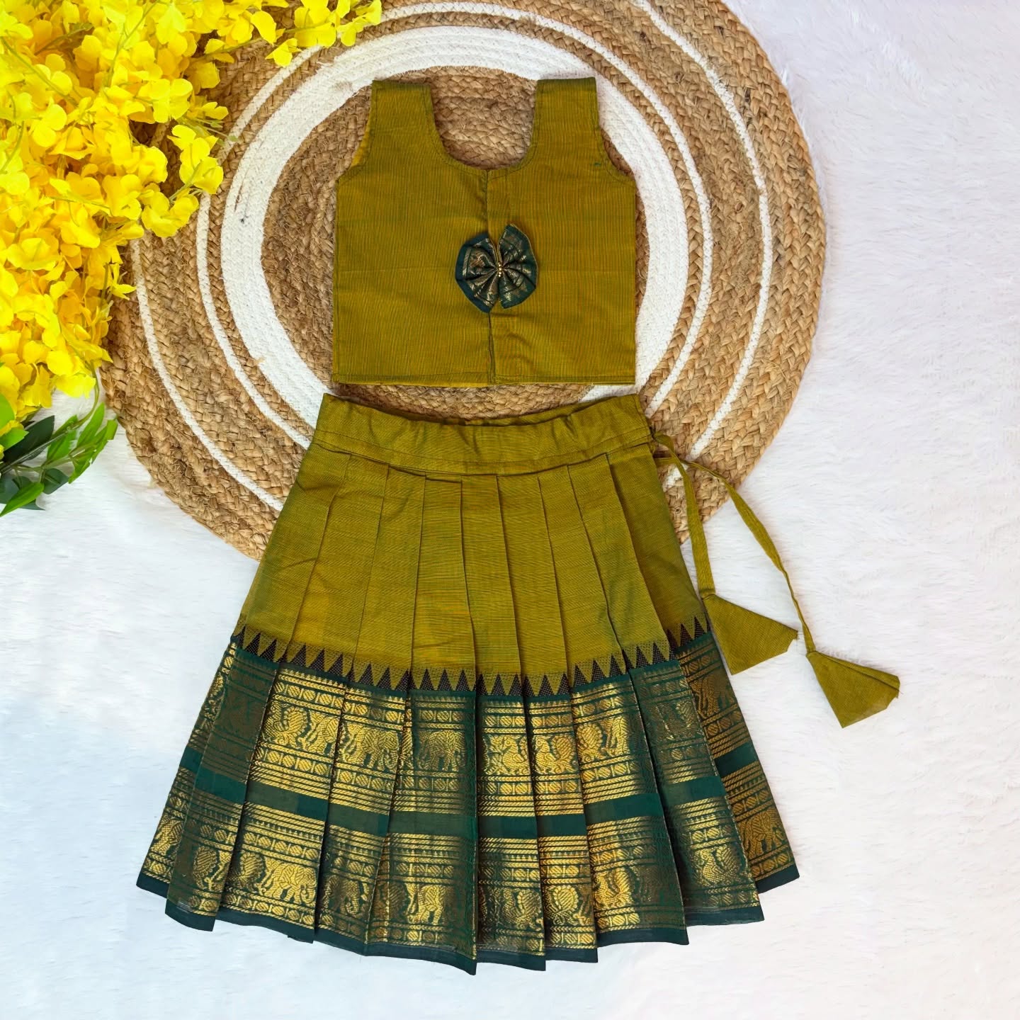 Olive Green and Dark Green Combo Authentic Kanchi cotton Paavadai Sattai with traditional zari border