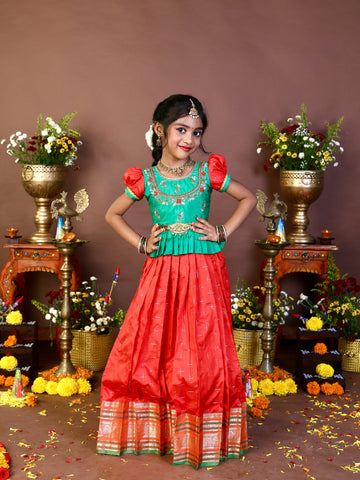 LAKSHANAM - Traditional Semi Kanchipattu South Indian style Paavadai and Sattai in Red and Green Combo