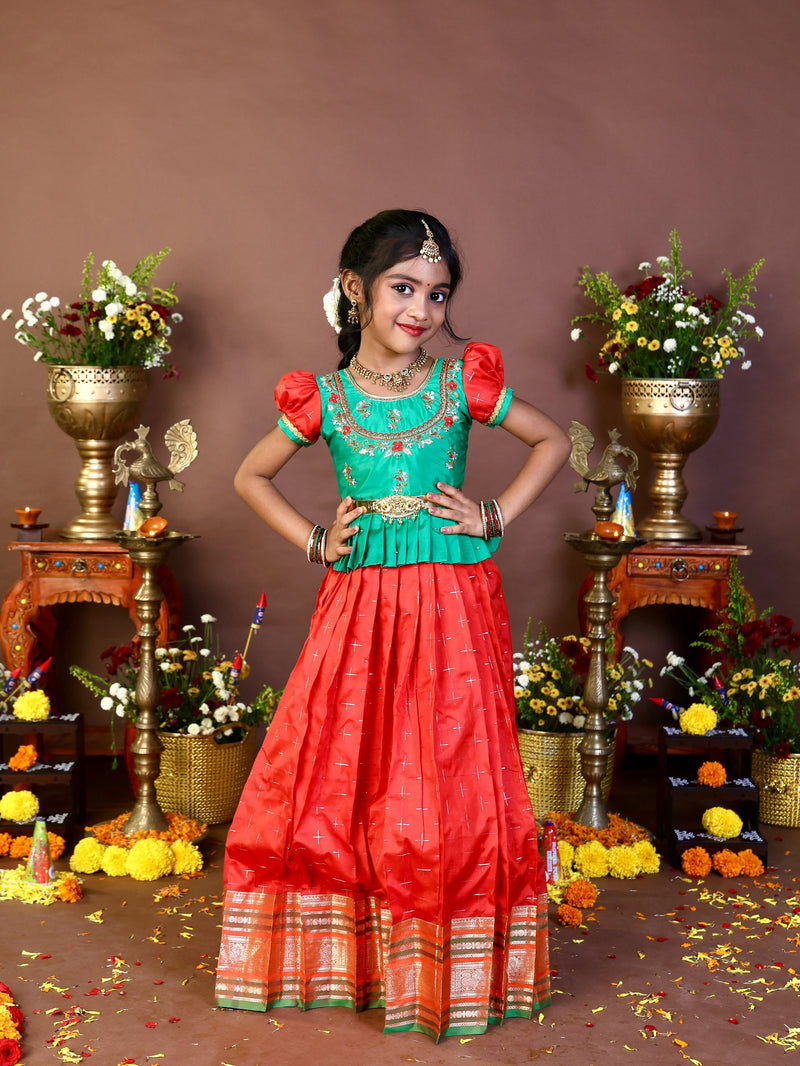 LAKSHANAM - Traditional Semi Kanchipattu South Indian style Paavadai and Sattai in Red and Green Combo