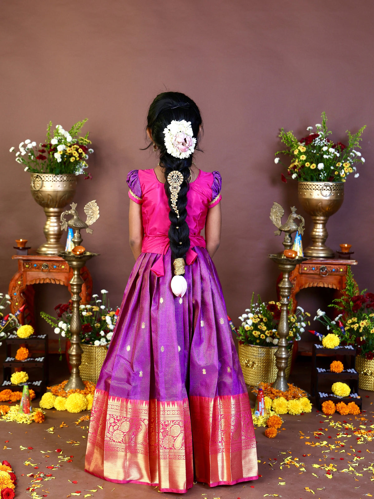 NARMADA - Rich Purple Checked Zari Weaving Semi Kanchipattu Skirt and Aariwork Pink Top