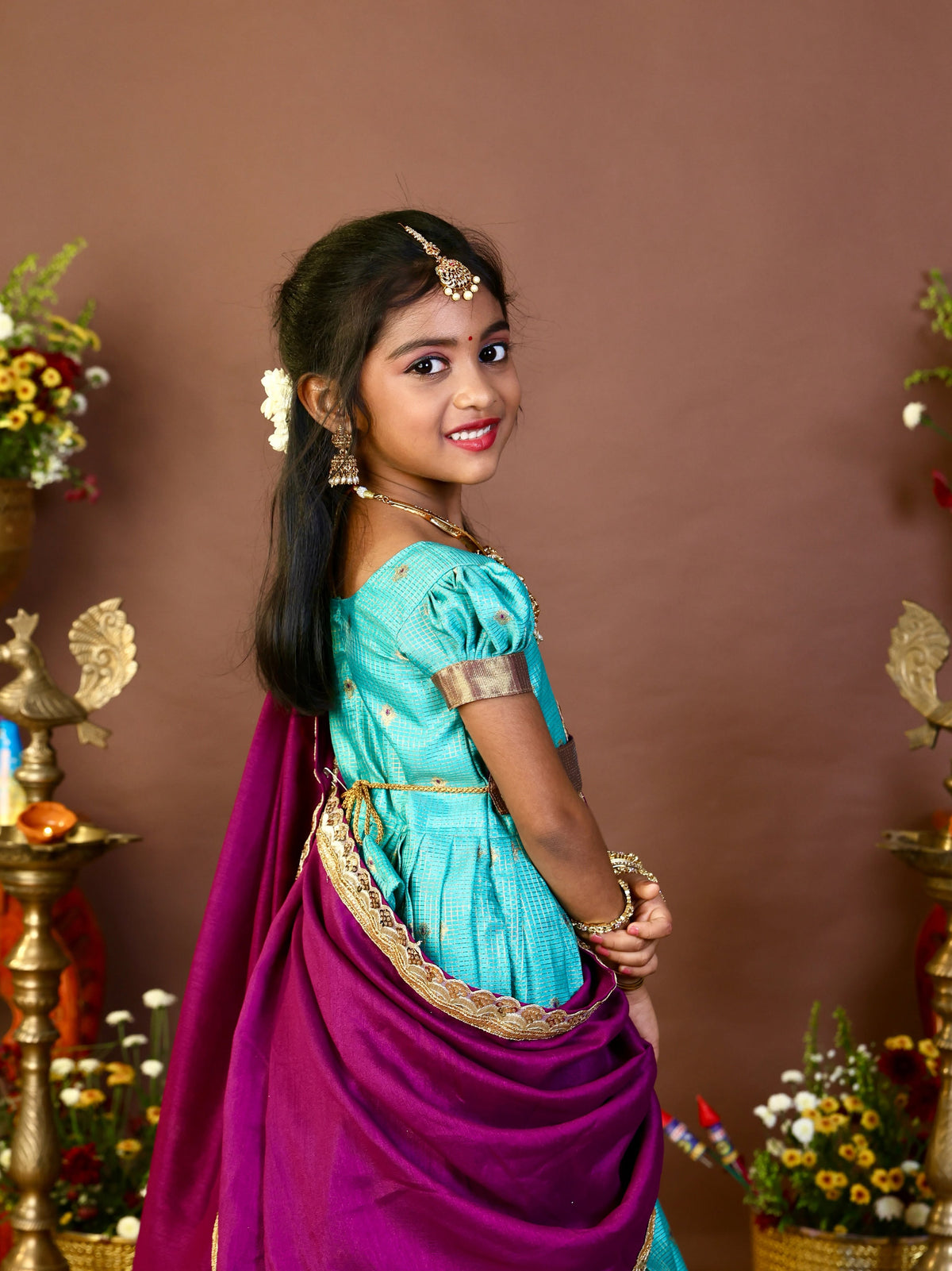 POONGOTHAI - Aqua Blue and Magenta South Indian traditional-inspired half-saree style
