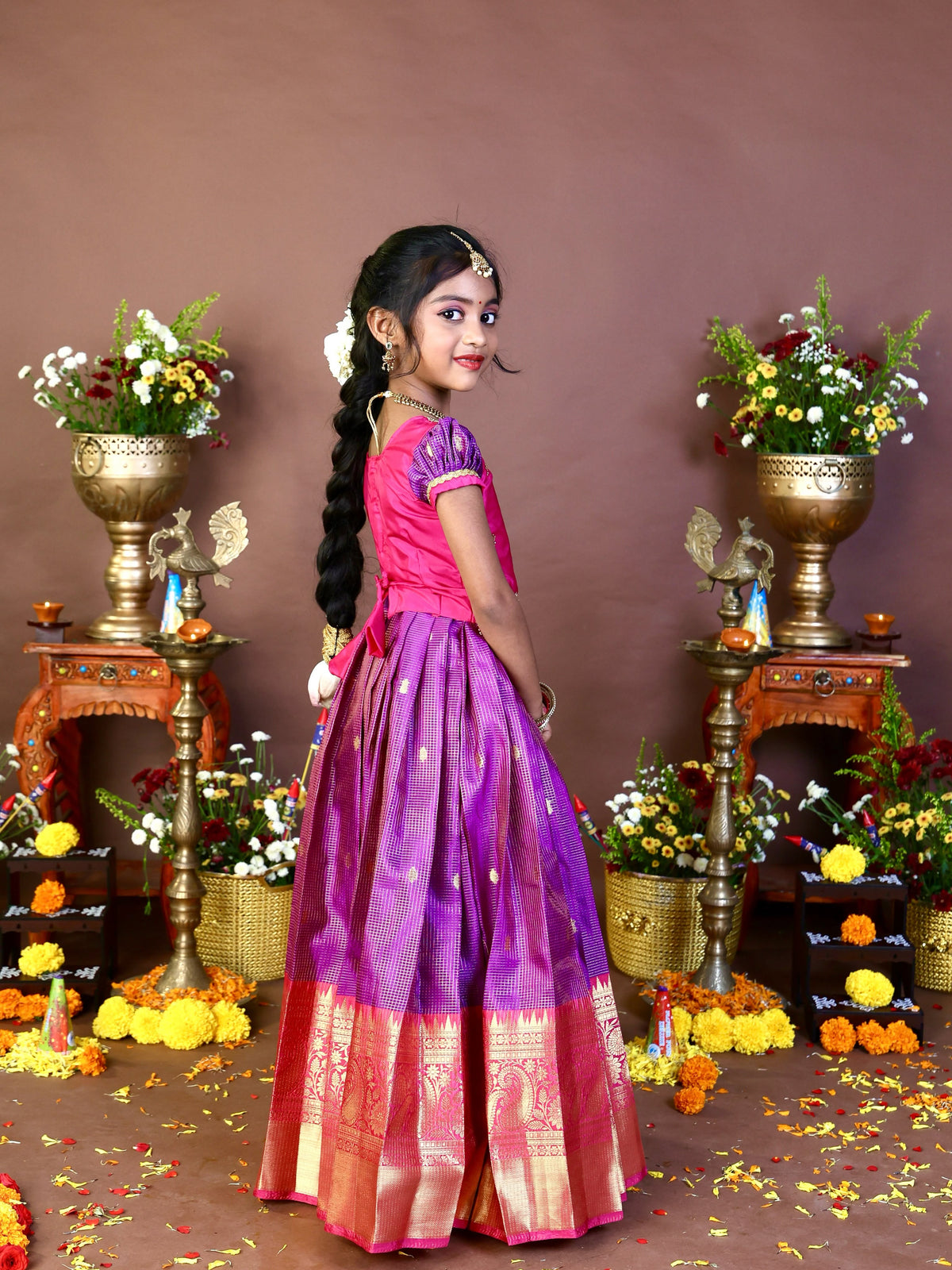 NARMADA - Rich Purple Checked Zari Weaving Semi Kanchipattu Skirt and Aariwork Pink Top