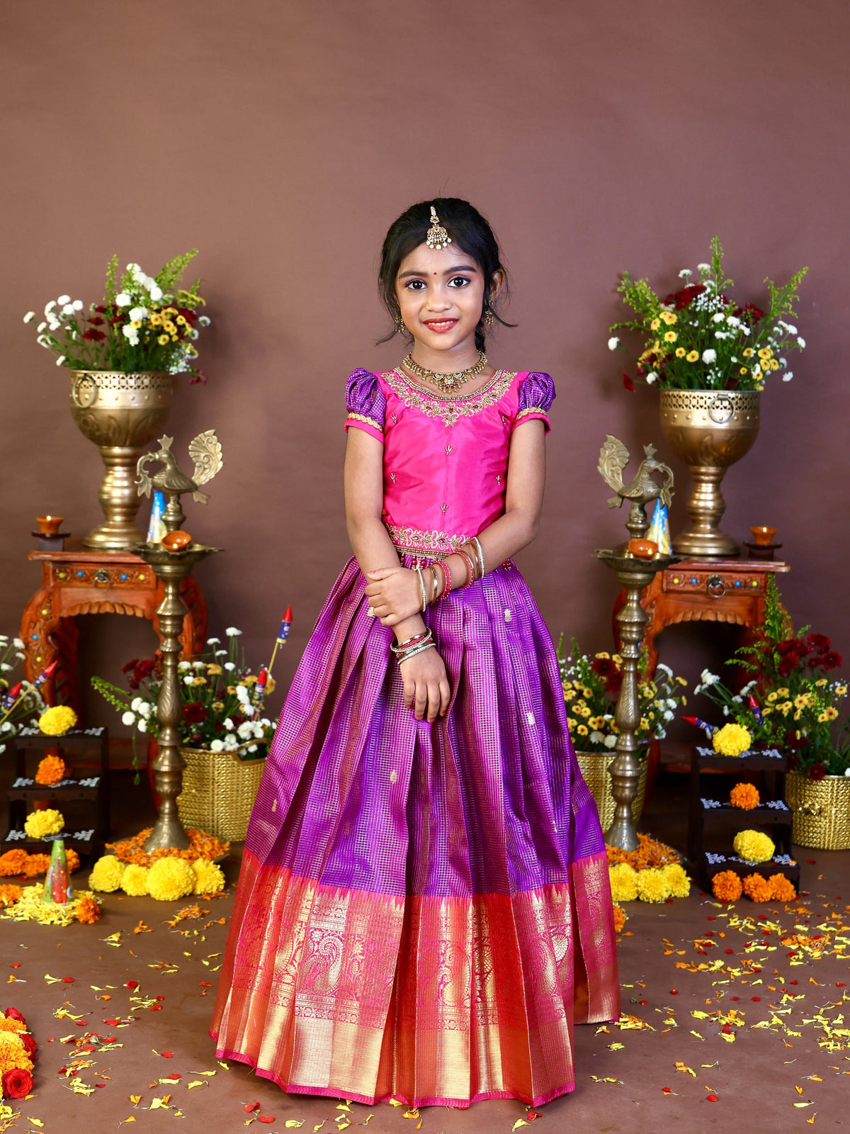 NARMADA - Rich Purple Checked Zari Weaving Semi Kanchipattu Skirt and Aariwork Pink Top