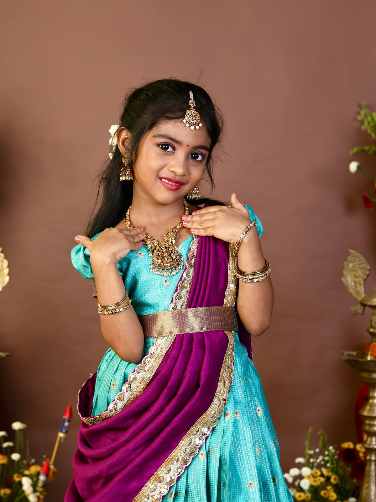 POONGOTHAI - Aqua Blue and Magenta South Indian traditional-inspired half-saree style