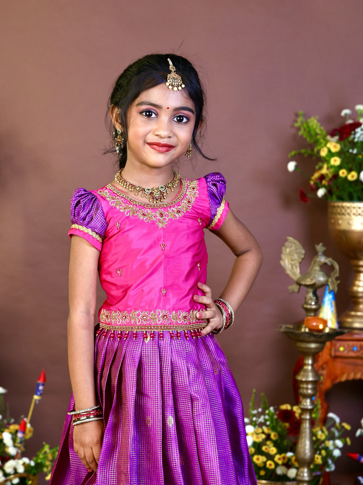 NARMADA - Rich Purple Checked Zari Weaving Semi Kanchipattu Skirt and Aariwork Pink Top
