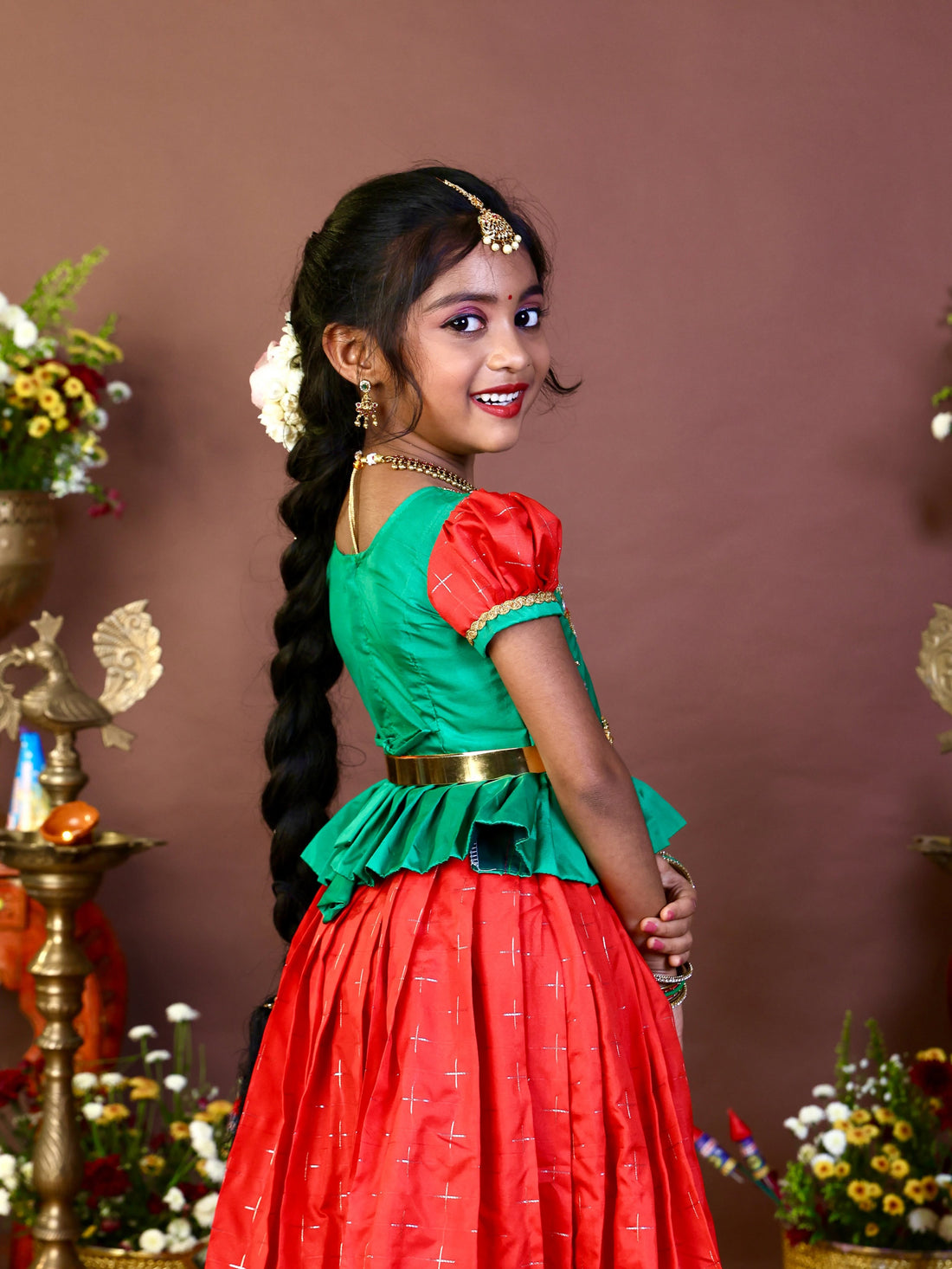 LAKSHANAM - Traditional Semi Kanchipattu South Indian style Paavadai and Sattai in Red and Green Combo
