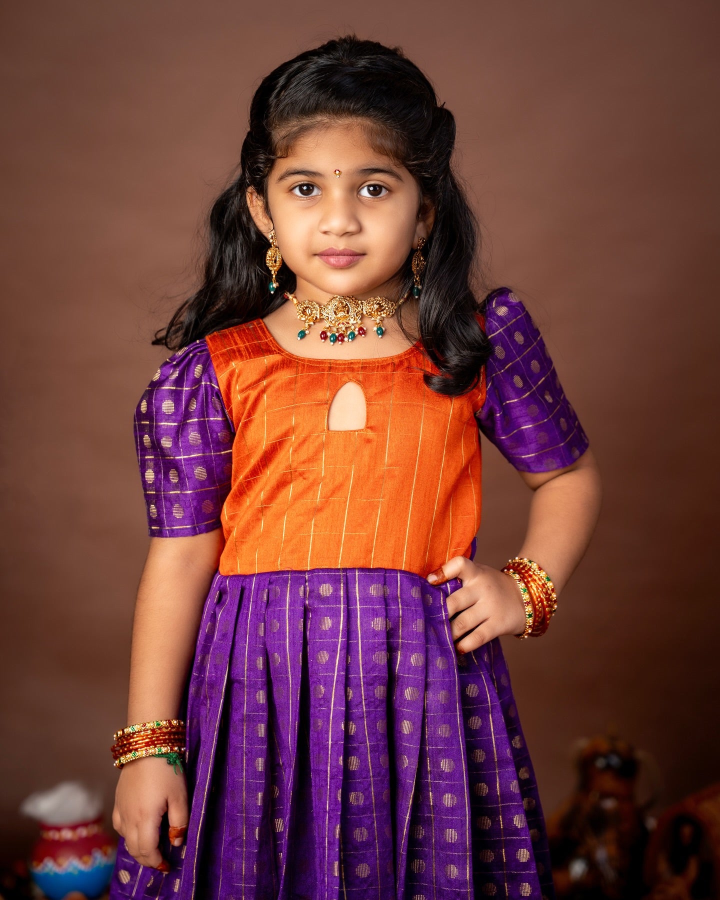Orange and Violet Silk Frock, a beautiful blend of vibrant tradition and timeless elegance