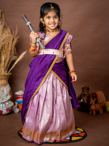 Lilac Skirt–Top set paired with a contrast Purple Thavani