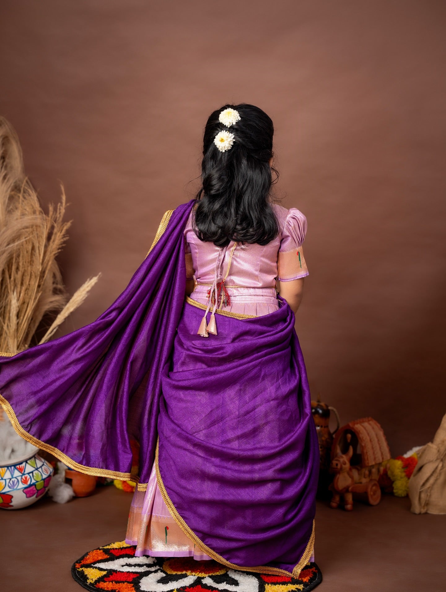 Lilac Skirt–Top set paired with a contrast Purple Thavani