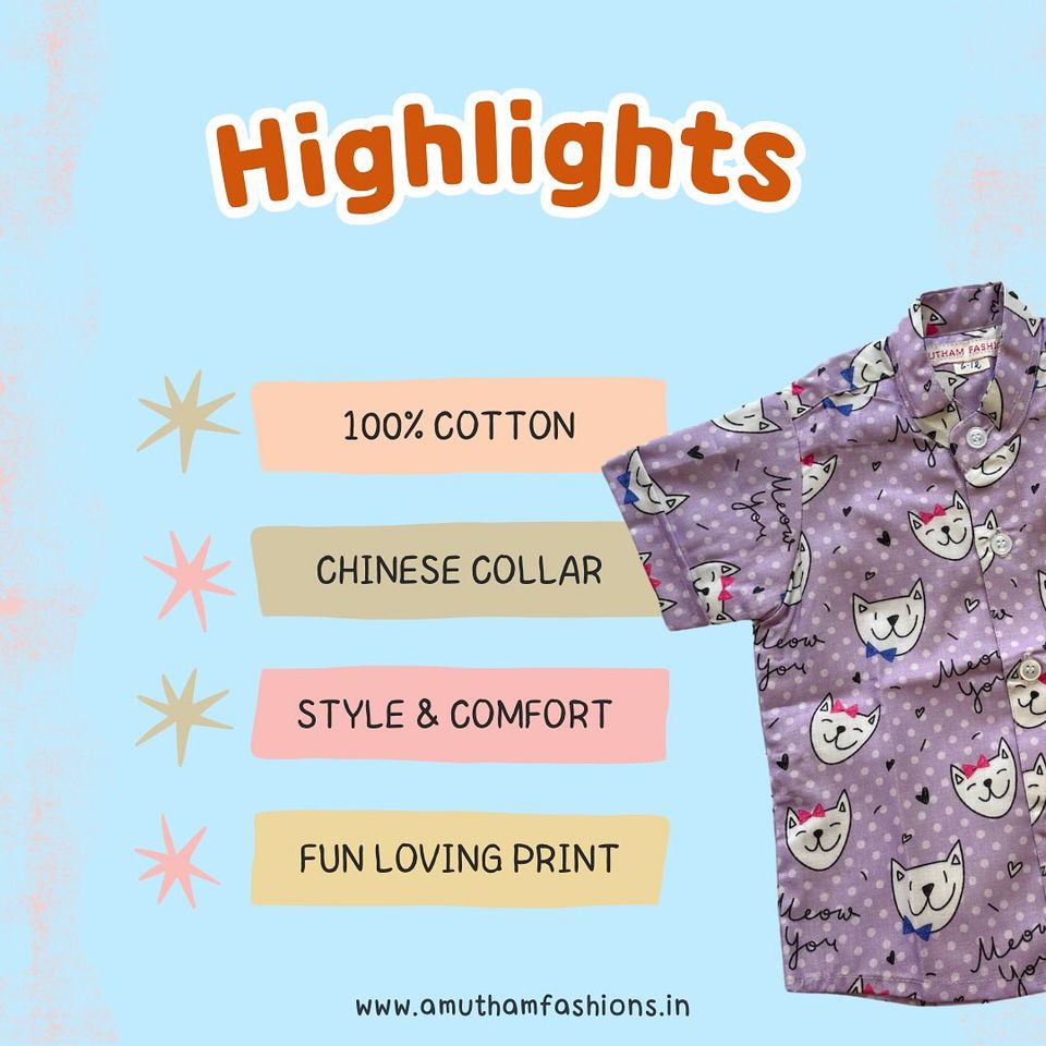 Super Comfortable and Stylish 100% Cotton Kids Shirt – Lavender Meow Cat Print