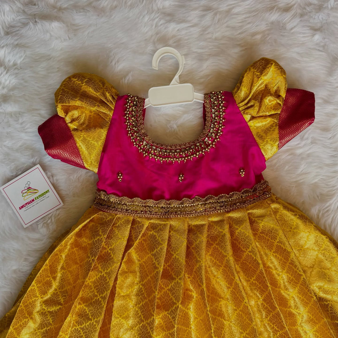Yellow and Pink- Traditional Premium Semi Kanchipattu Frock
