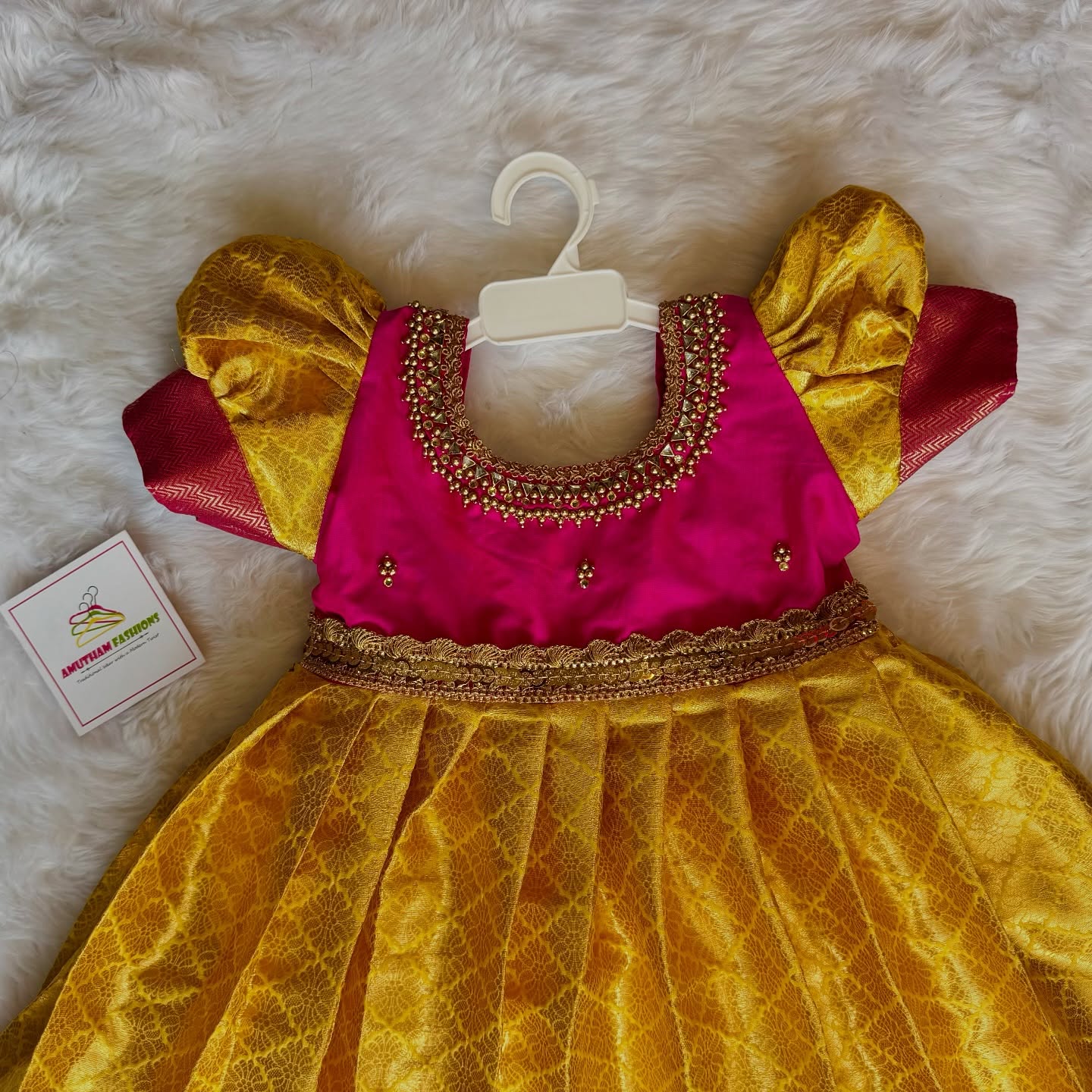 Yellow and Pink- Traditional Premium Semi Kanchipattu Frock