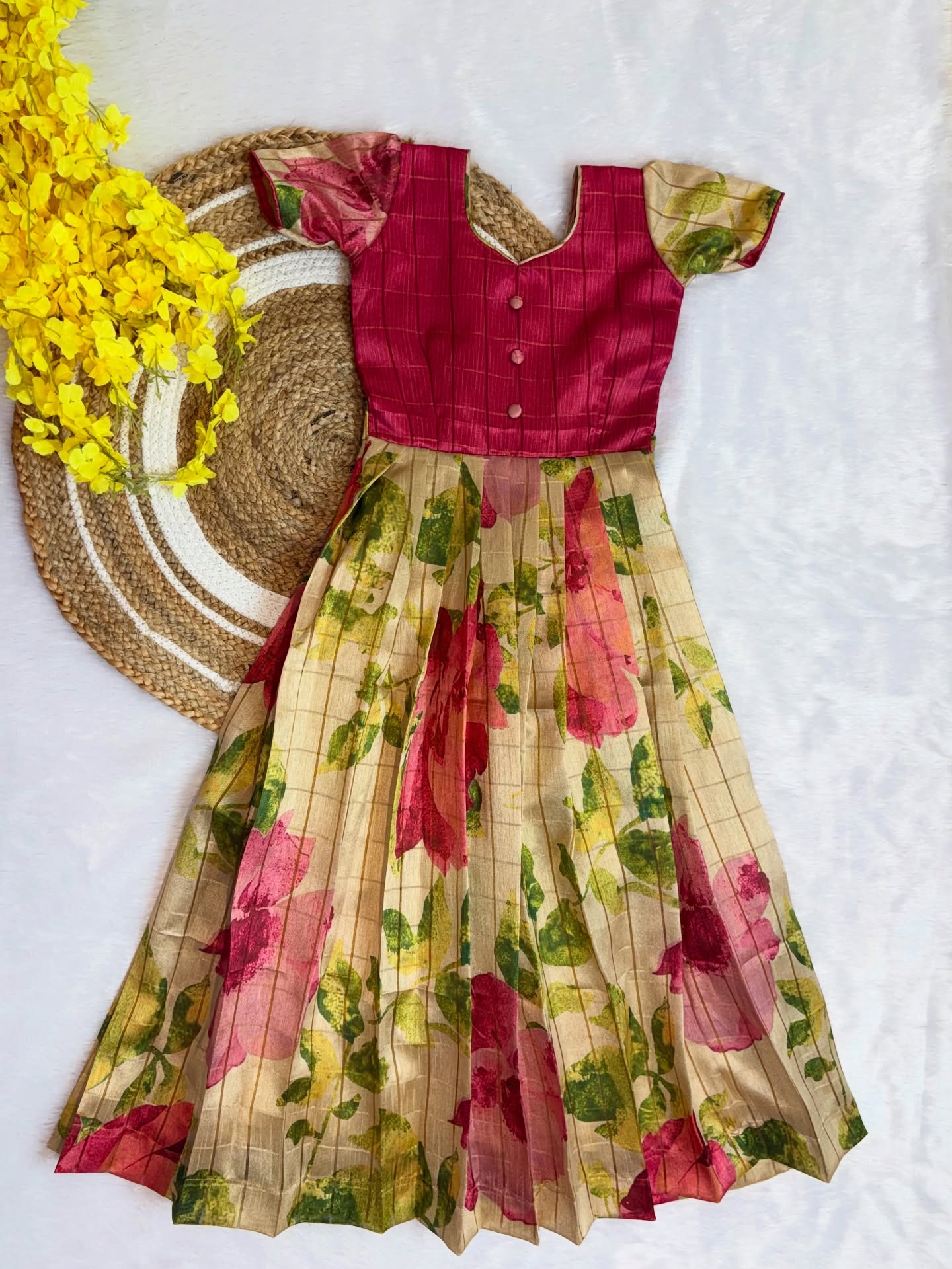 Elevate your little girl’s festive look with our beautifully crafted silk frock - Pink and Cream Combo