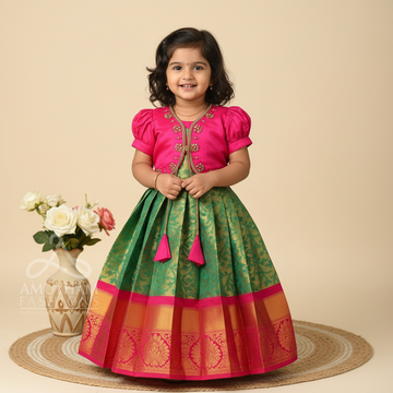 FESTIVE FITS – Premium Semi Kanchipattu Sleeveless Frock & Designer Overcoat in Green and Pink Combo