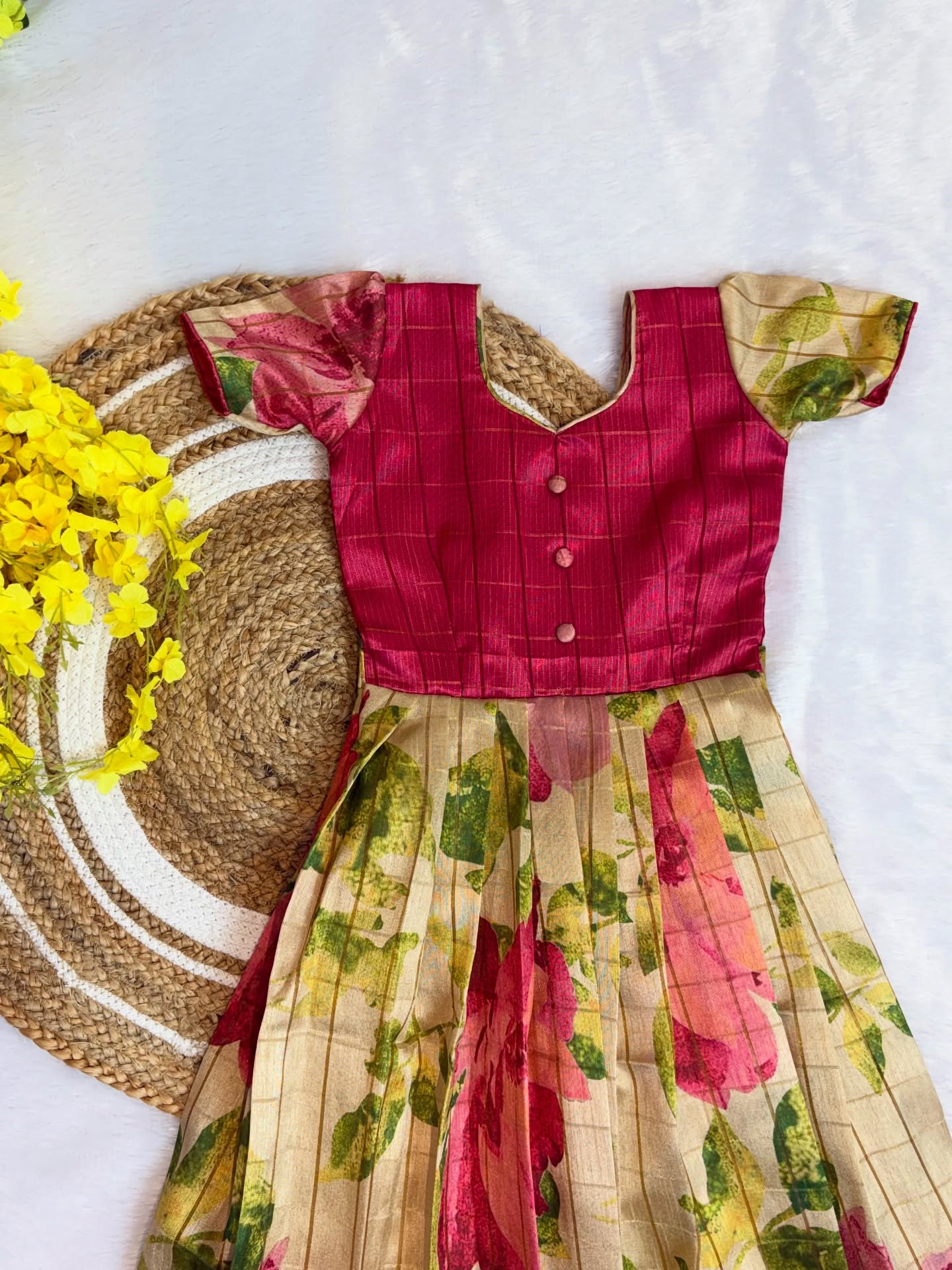 Elevate your little girl’s festive look with our beautifully crafted silk frock - Pink and Cream Combo