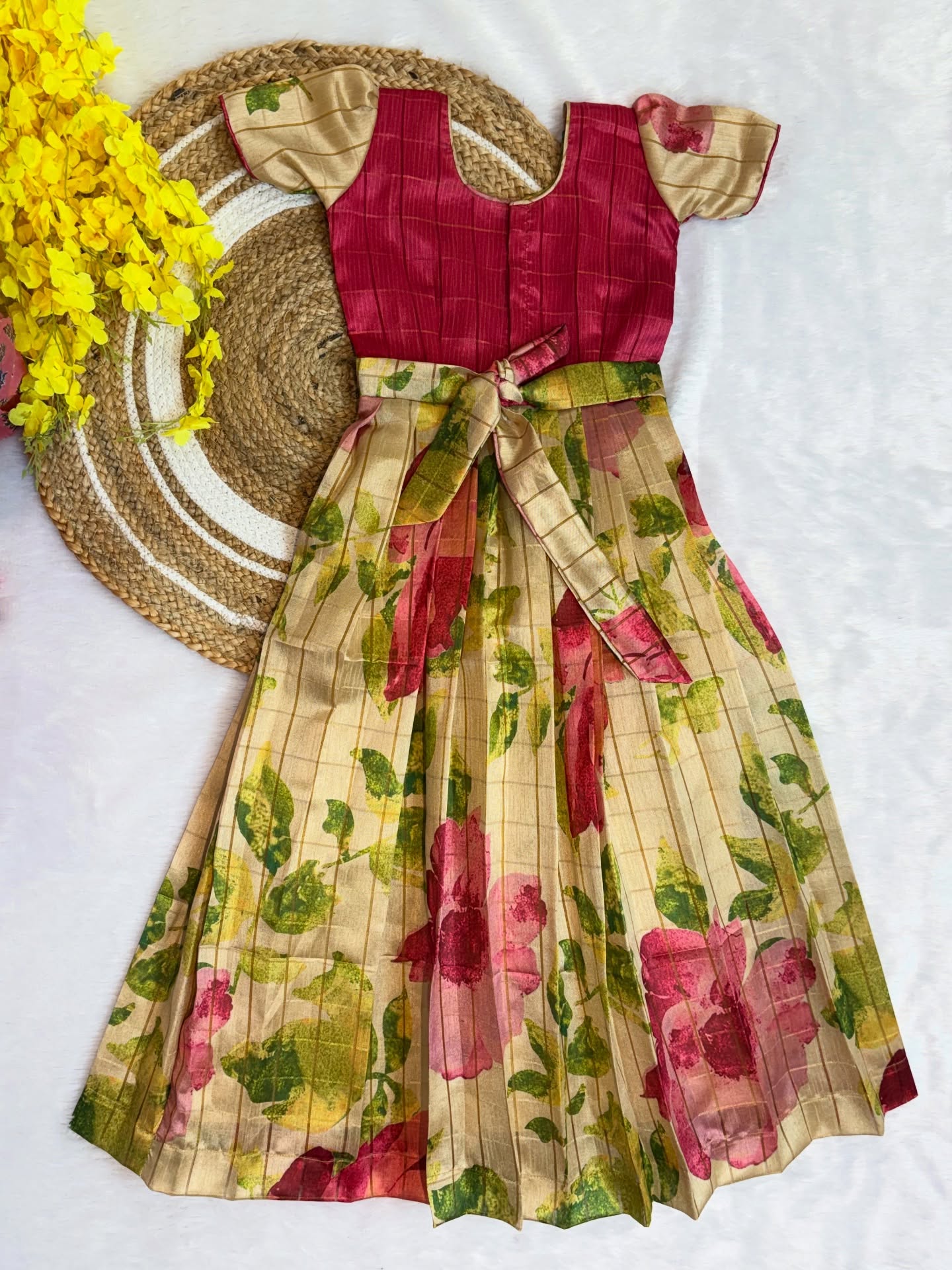 Elevate your little girl’s festive look with our beautifully crafted silk frock - Pink and Cream Combo