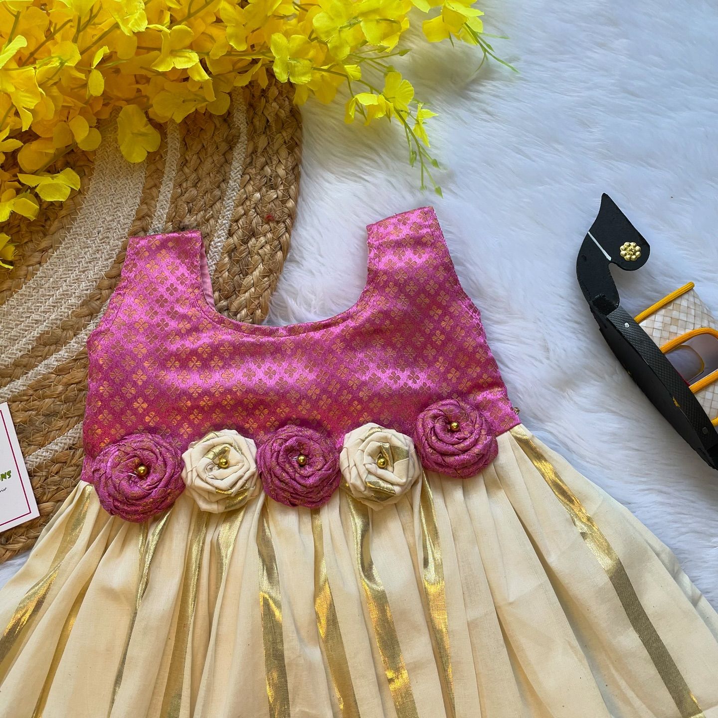 Light Pink Brocade Silk mixed with Kasavu Cotton Frock