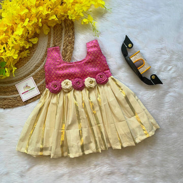 Light Pink Brocade Silk mixed with Kasavu Cotton Frock