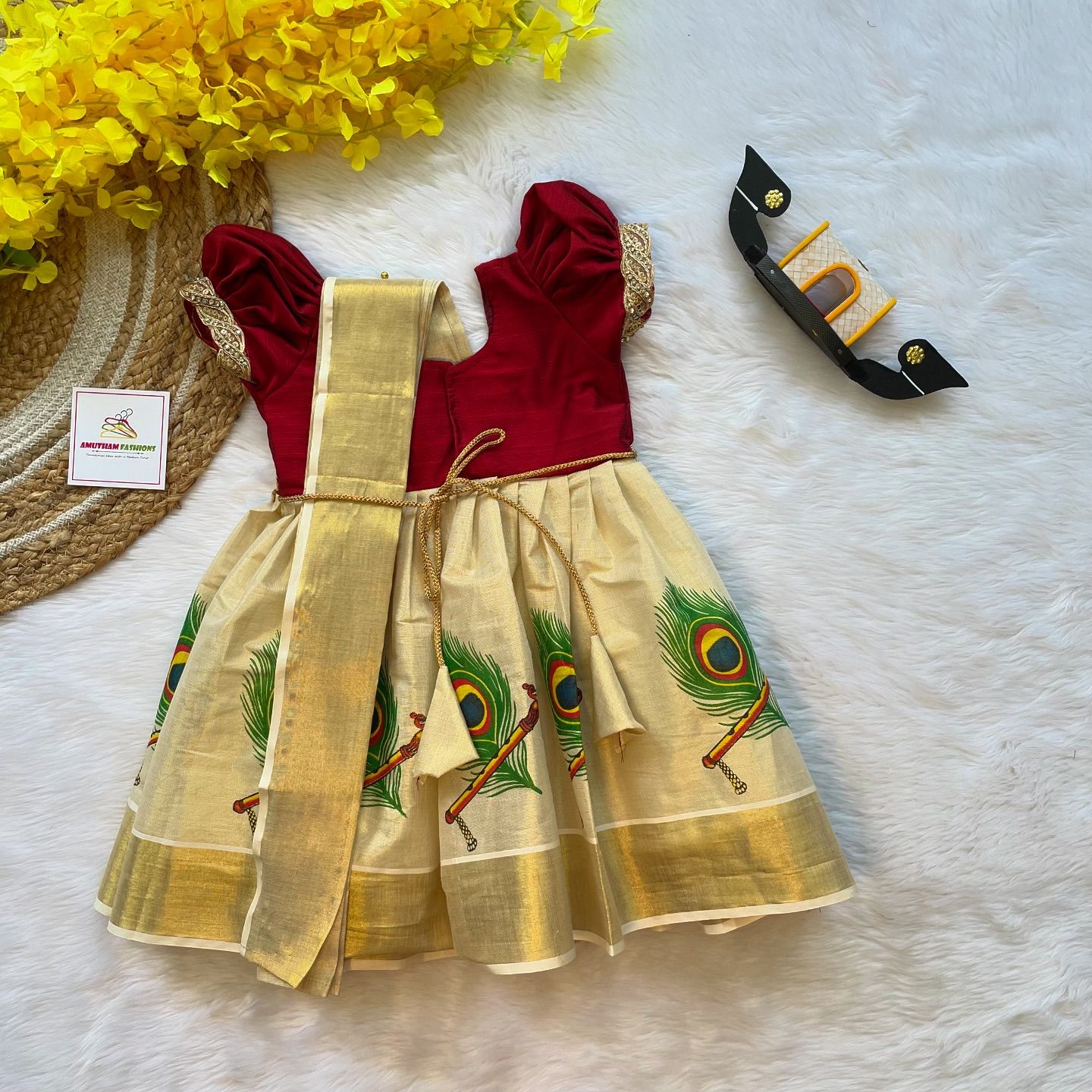 Maroon Color and Traditional Peacock Feather Motif Kasavu Frock with attached Duppatta