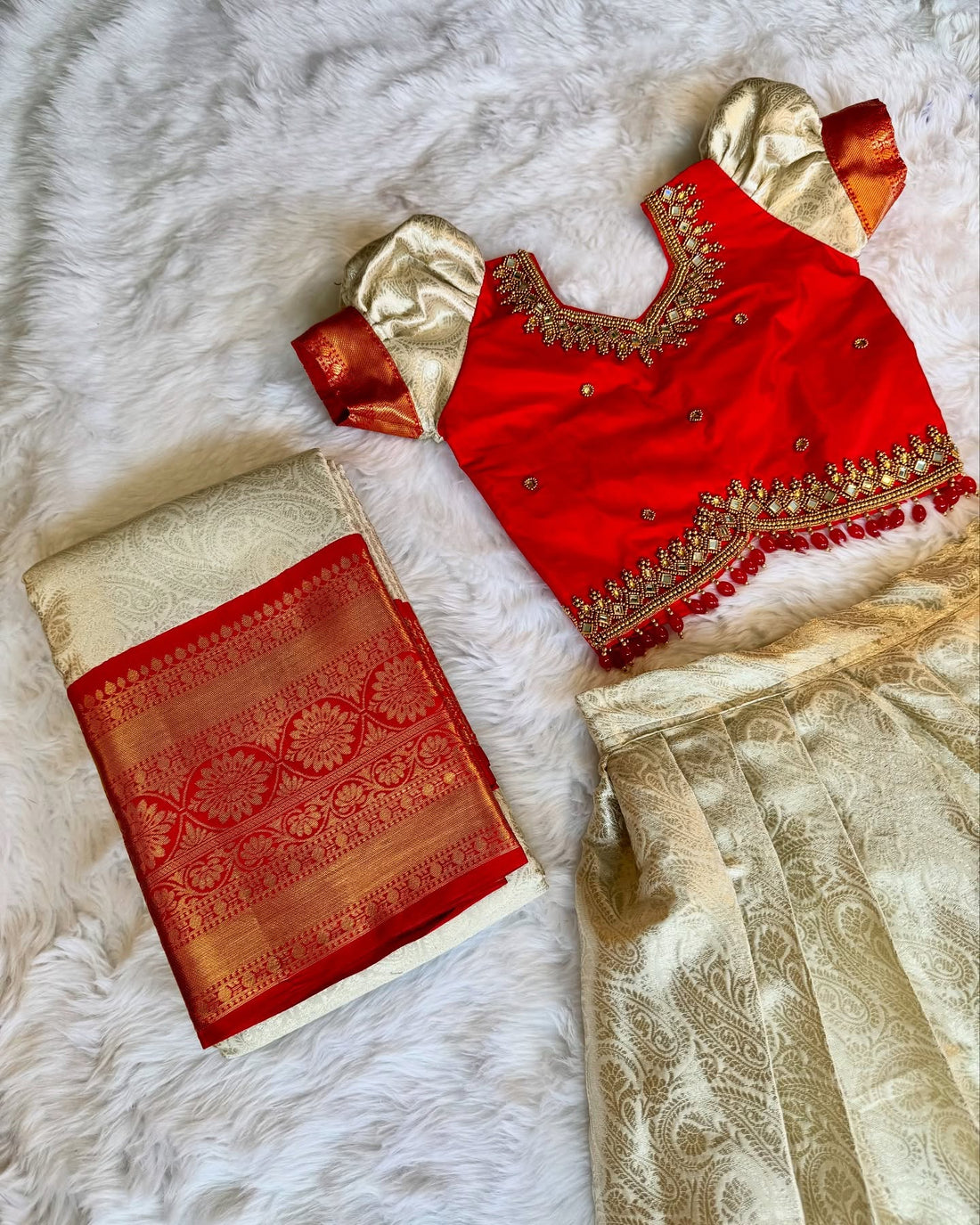 VENNILA – White Premium Semi Kanchipattu Paavadai with Silk Aariwork Sattai & Matching Saree