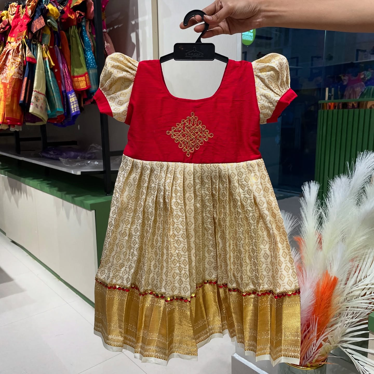 Kolam Design in Red Raw Silk with Cream color semi kanchipattu frock