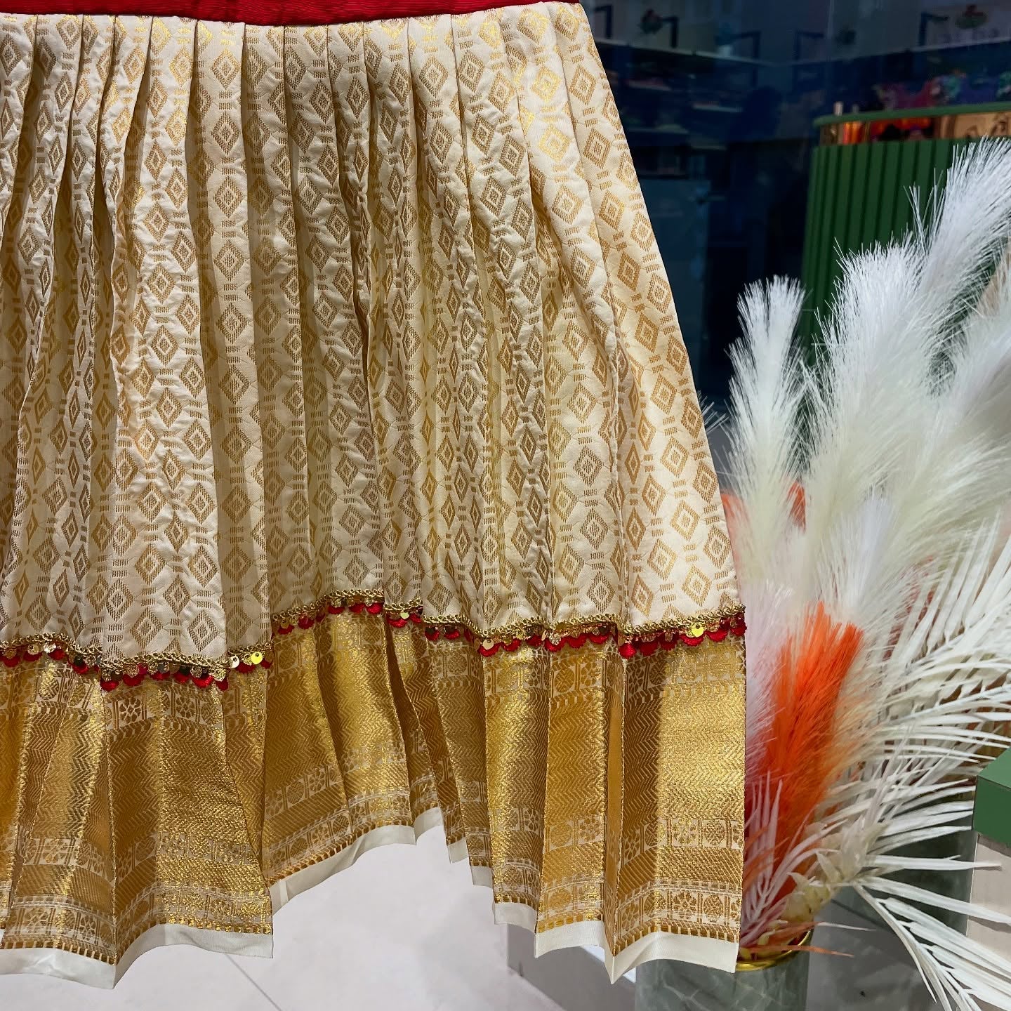 Kolam Design in Red Raw Silk with Cream color semi kanchipattu frock